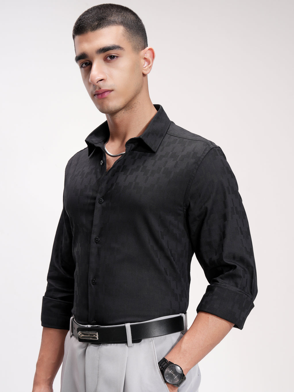 Highlander Men Black Self Design Slim Fit Casual Shirt - Black - Image 4