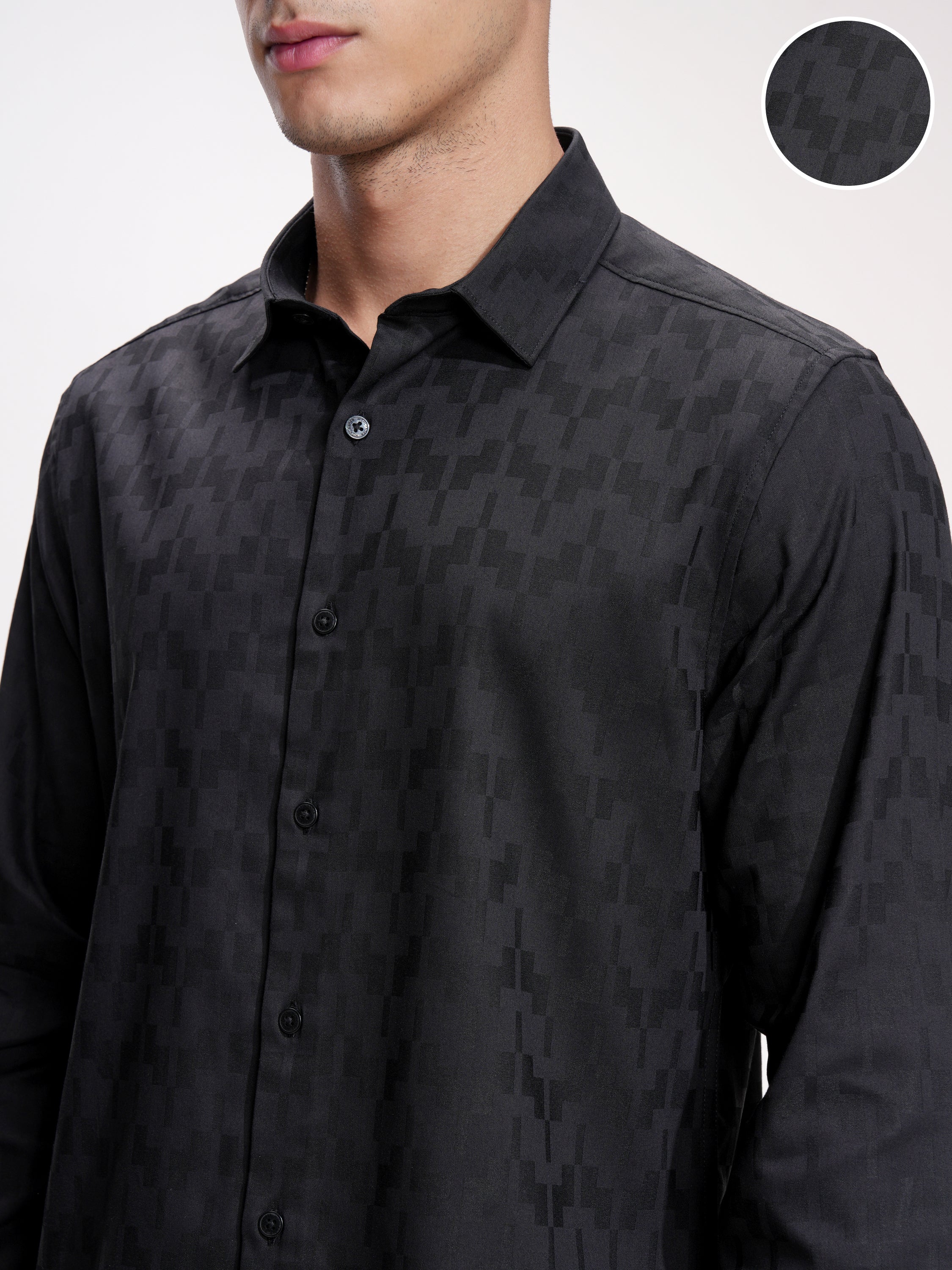 Highlander Men Black Self Design Slim Fit Casual Shirt - Black - Image 5