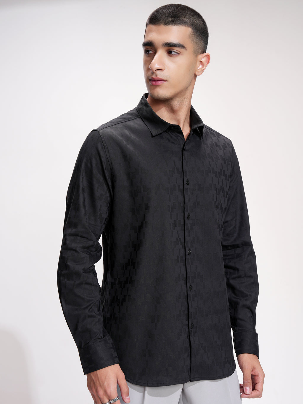 Highlander Men Black Self Design Slim Fit Casual Shirt - Black - Image 6
