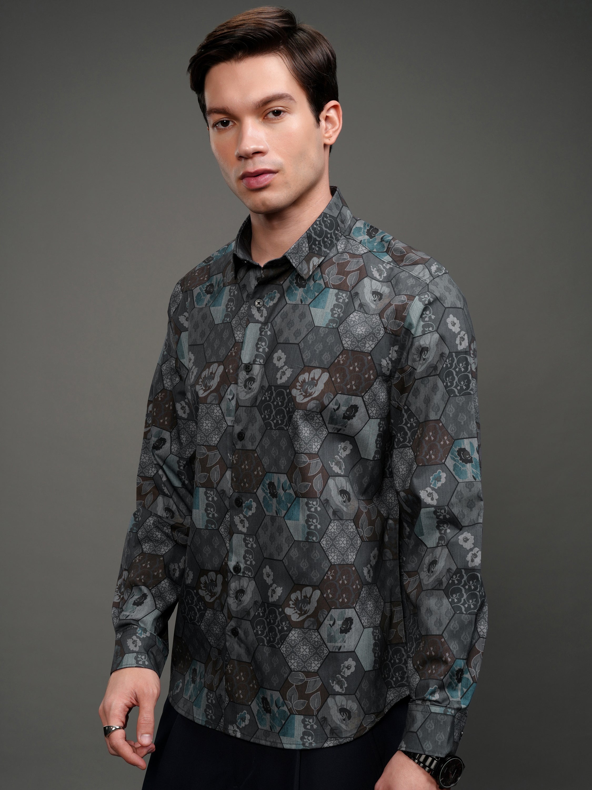 Highlander Men Grey Printed Slim Fit Casual Shirt - Grey - Image 4