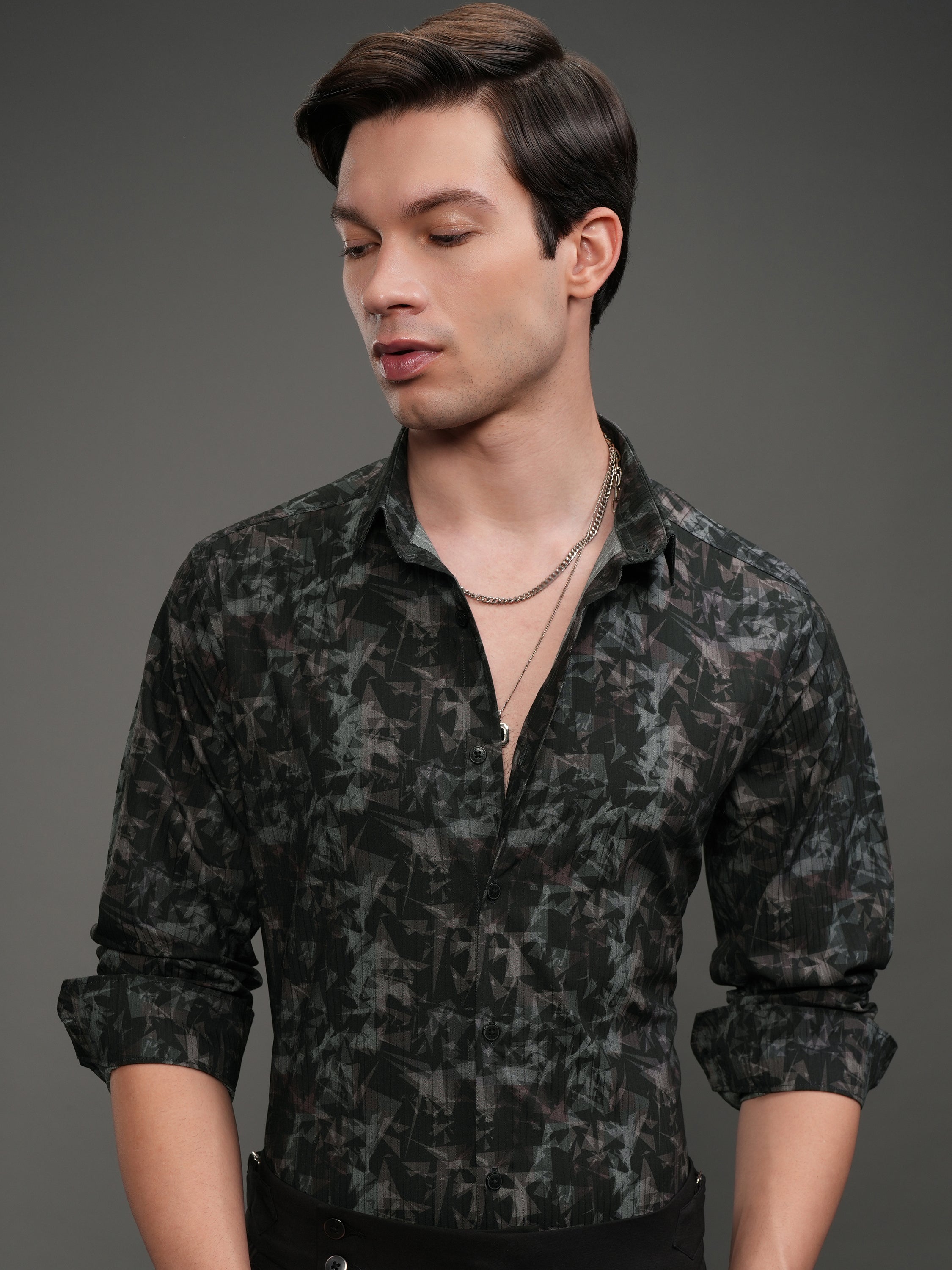 Highlander Men Black Self Design Slim Fit Casual Shirt - Black - Image 1