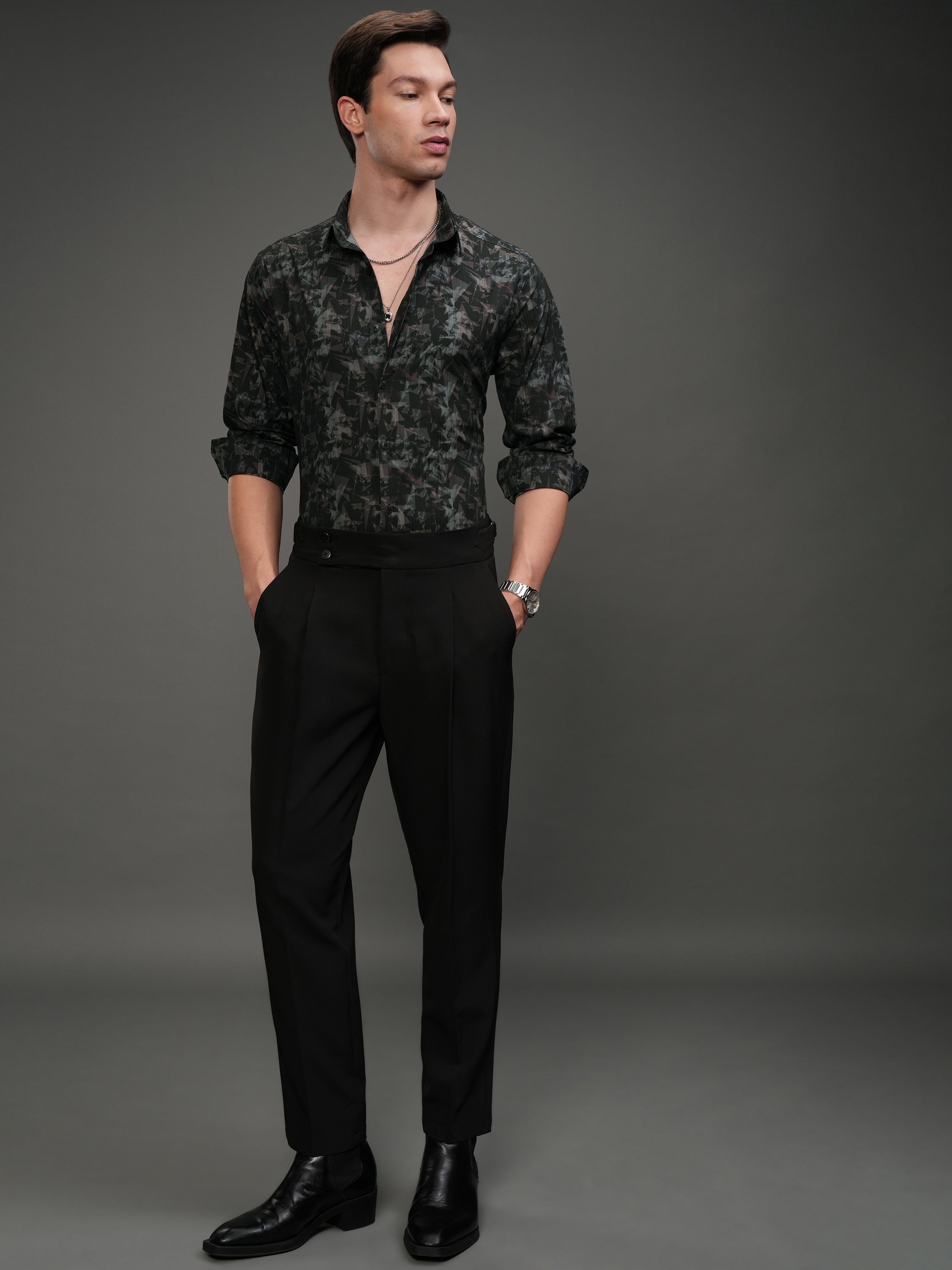 Highlander Men Black Self Design Slim Fit Casual Shirt - Black - Image 2