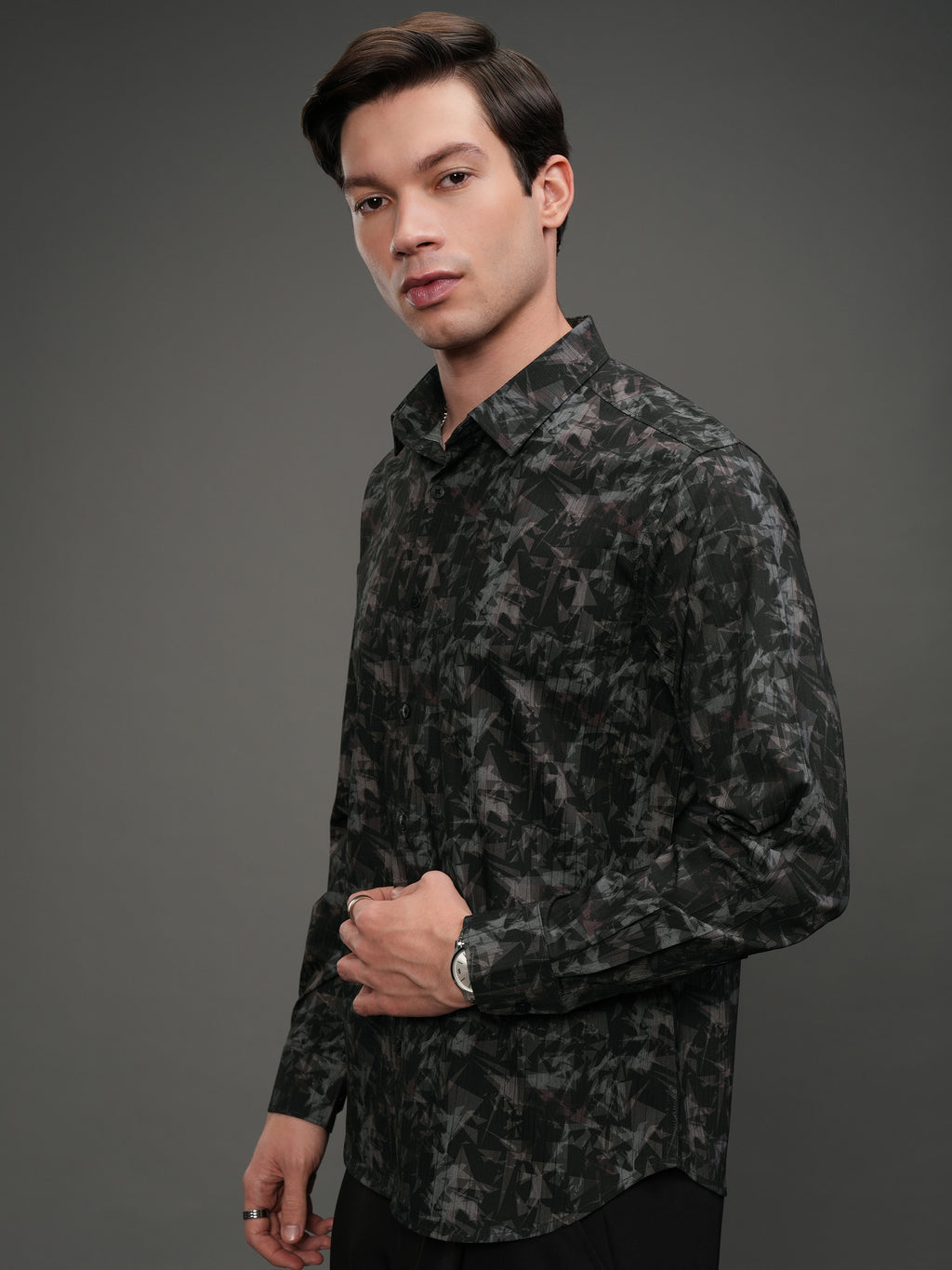 Highlander Men Black Self Design Slim Fit Casual Shirt - Black - Image 4