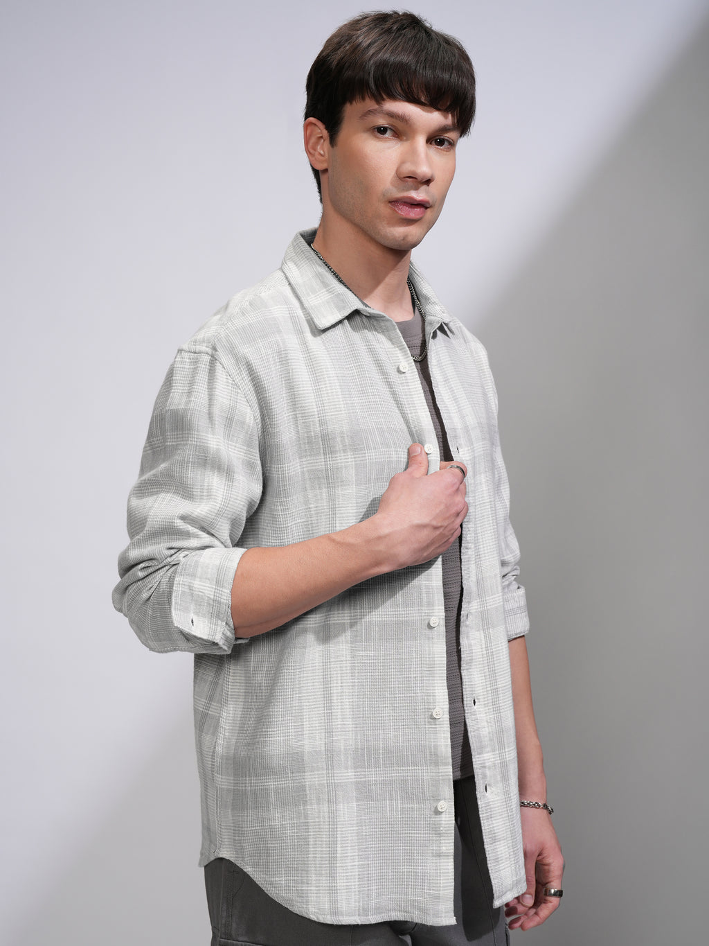Highlander Men Grey Checked Relaxed Fit Casual Shirt - Grey - Image 6