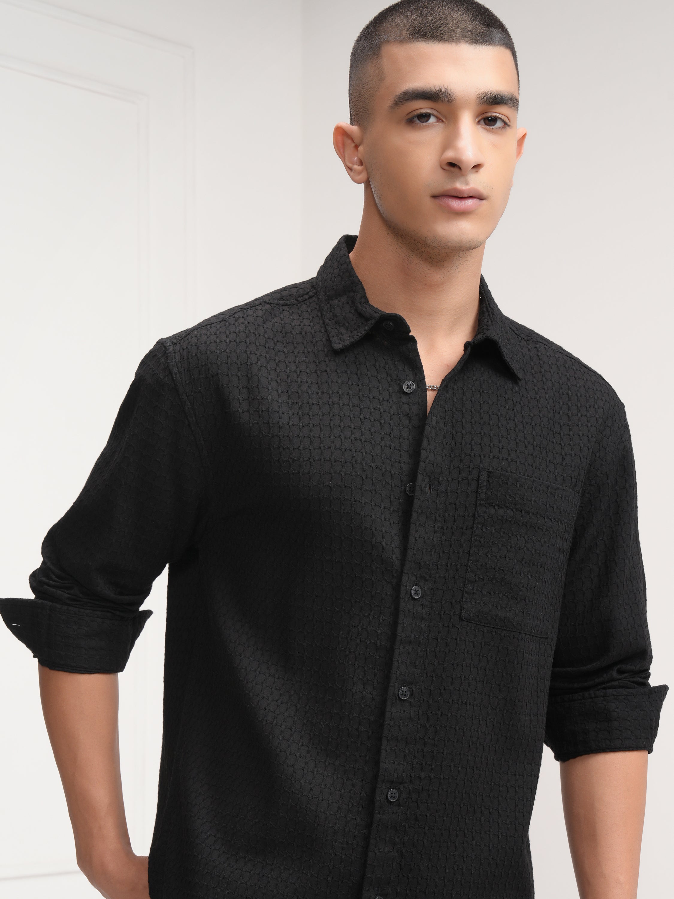 Highlander Men Black Self Design Relaxed Fit Casual Shirt - Black - Image 1