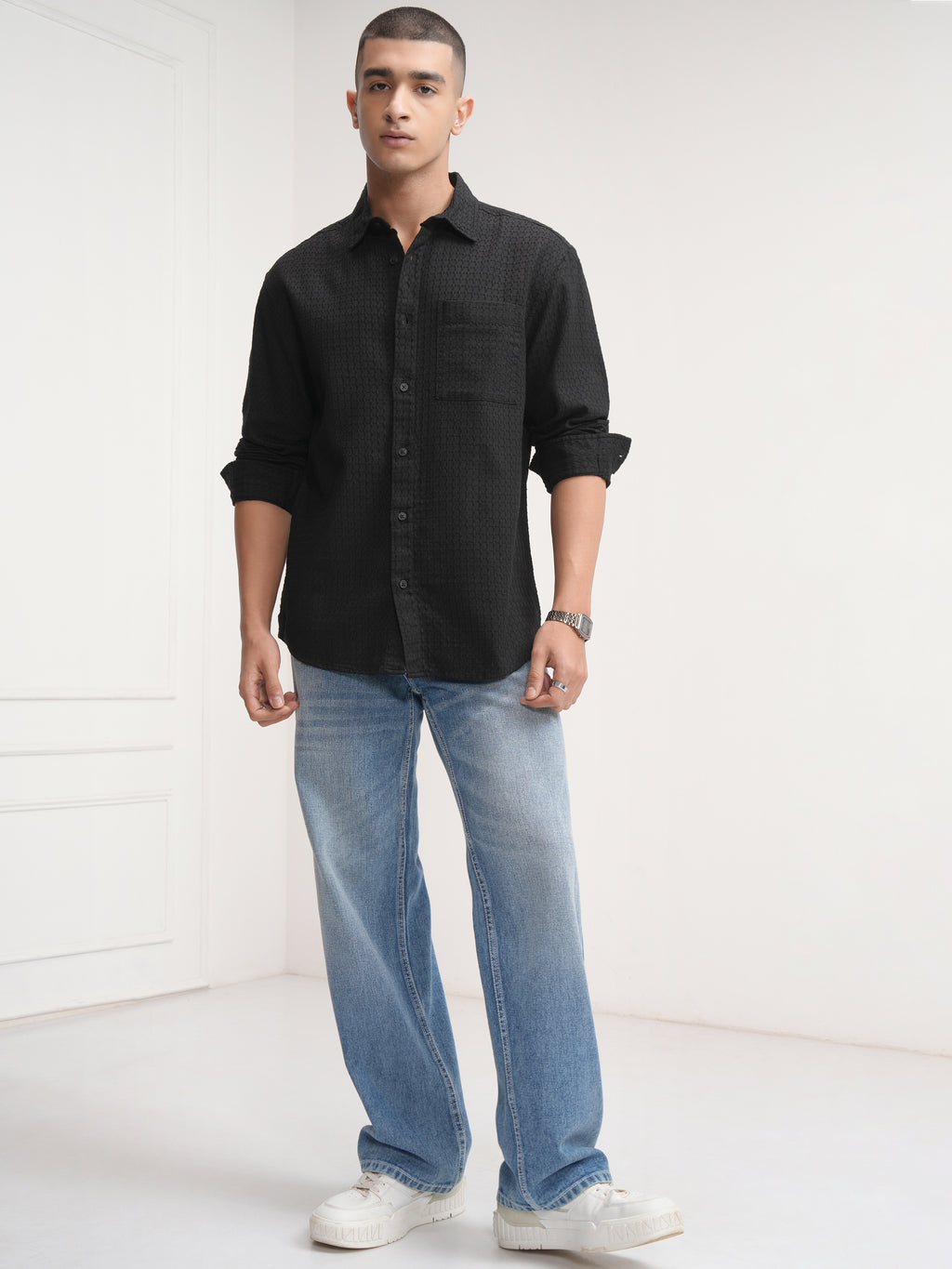 Highlander Men Black Self Design Relaxed Fit Casual Shirt - Black - Image 2