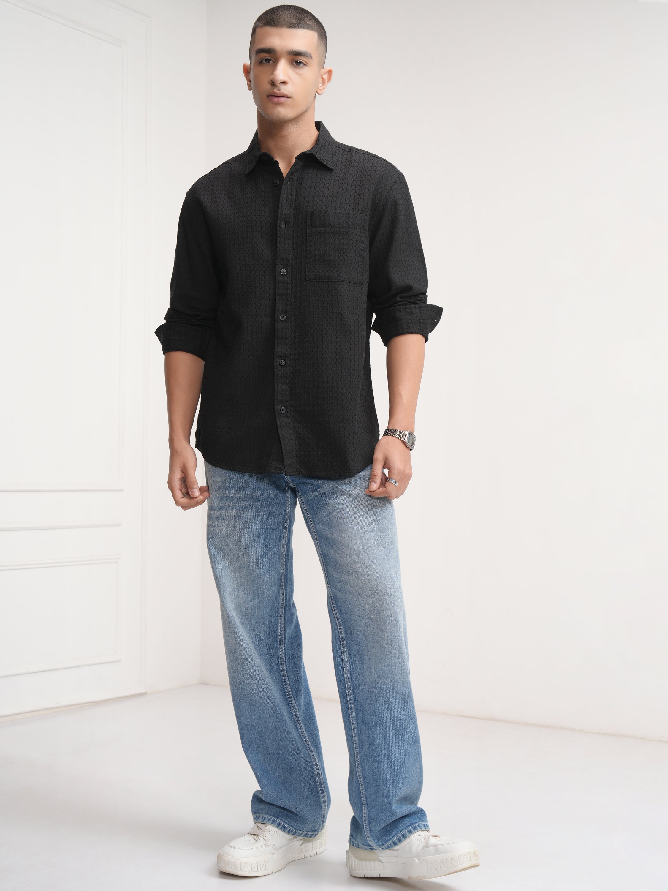 Highlander Men Black Self Design Relaxed Fit Casual Shirt - Black - Image 2