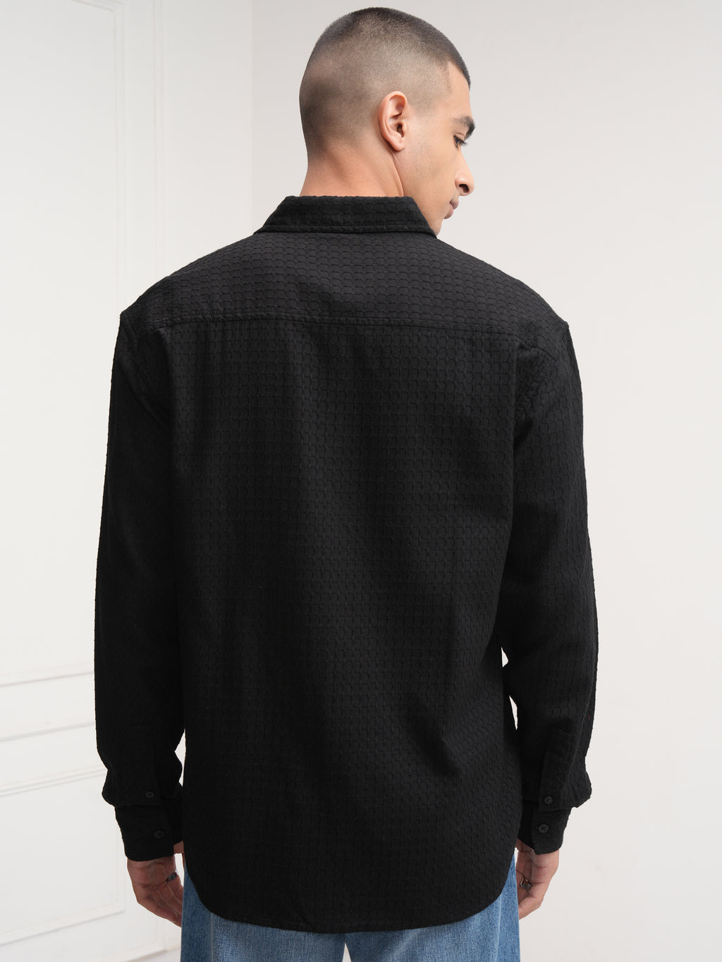 Highlander Men Black Self Design Relaxed Fit Casual Shirt - Black - Image 3