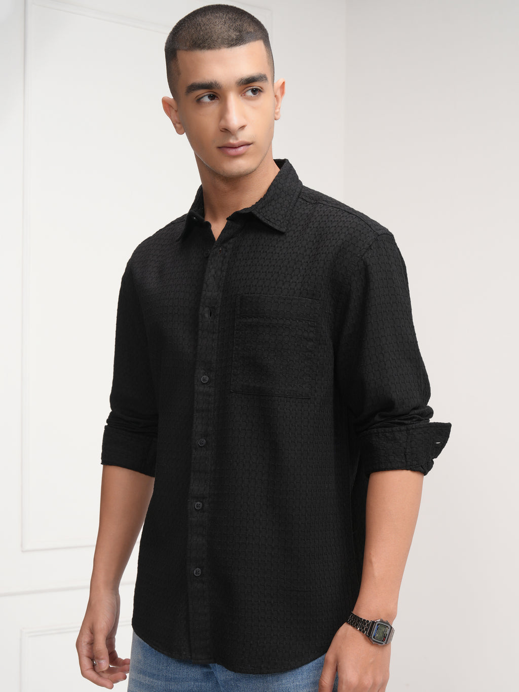 Highlander Men Black Self Design Relaxed Fit Casual Shirt - Black - Image 4