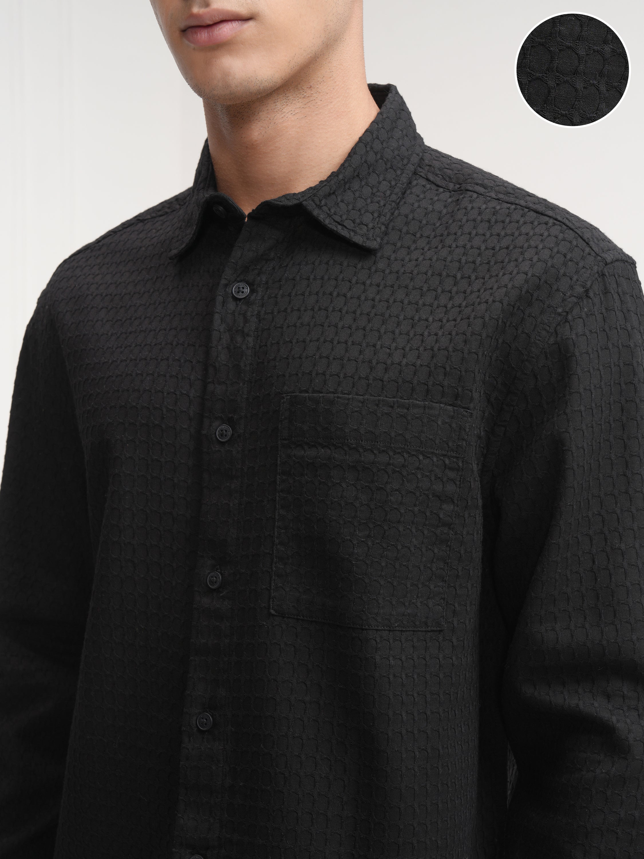 Highlander Men Black Self Design Relaxed Fit Casual Shirt - Black - Image 5
