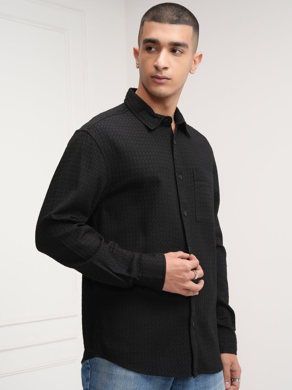 Highlander Men Black Self Design Relaxed Fit Casual Shirt - Black - Image 6