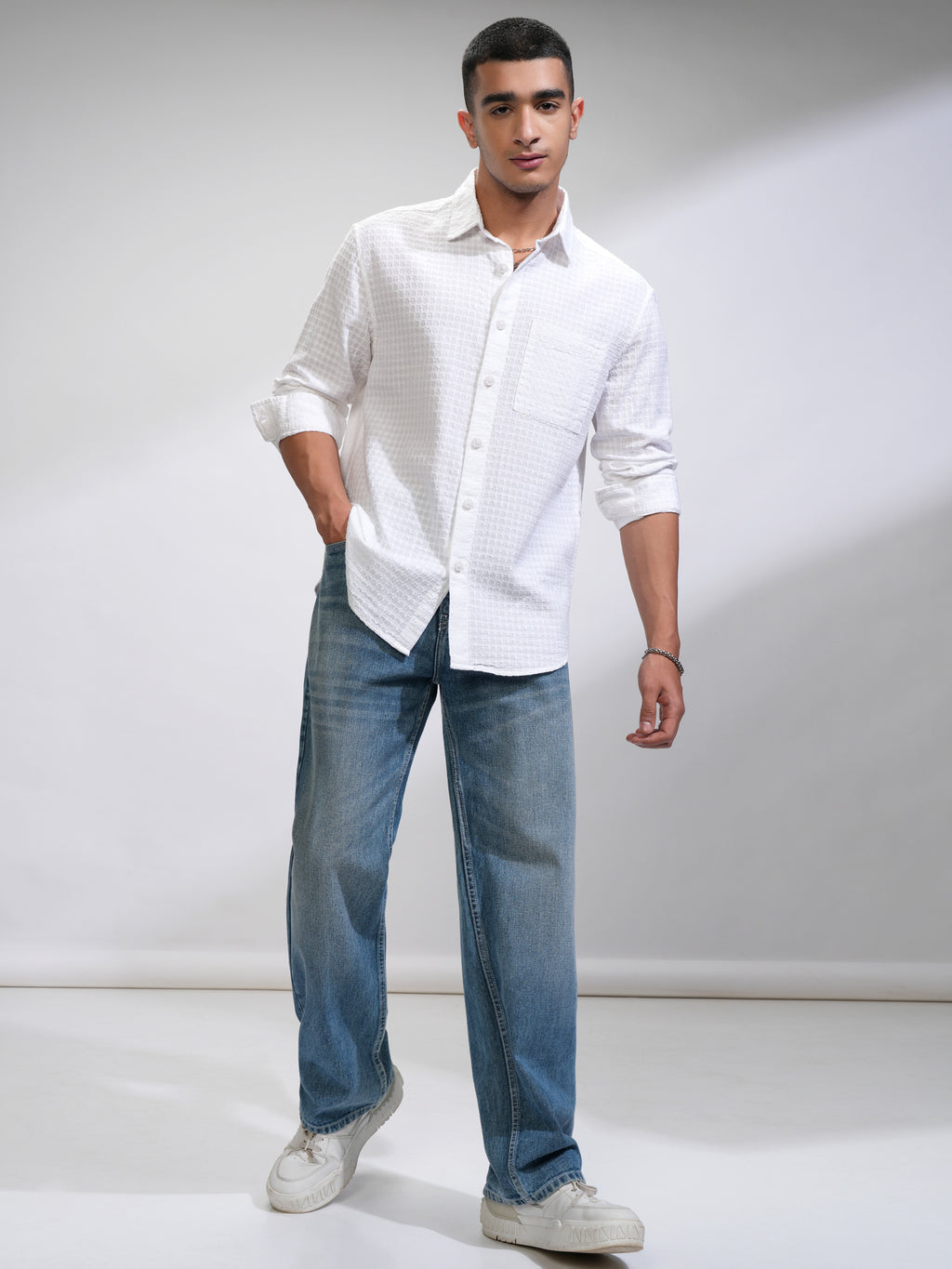 Highlander Men White Self Design Relaxed Fit Casual Shirt - White - Image 2