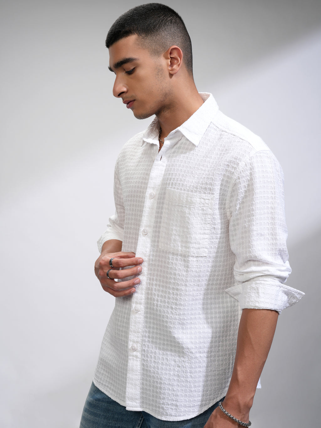 Highlander Men White Self Design Relaxed Fit Casual Shirt - White - Image 4