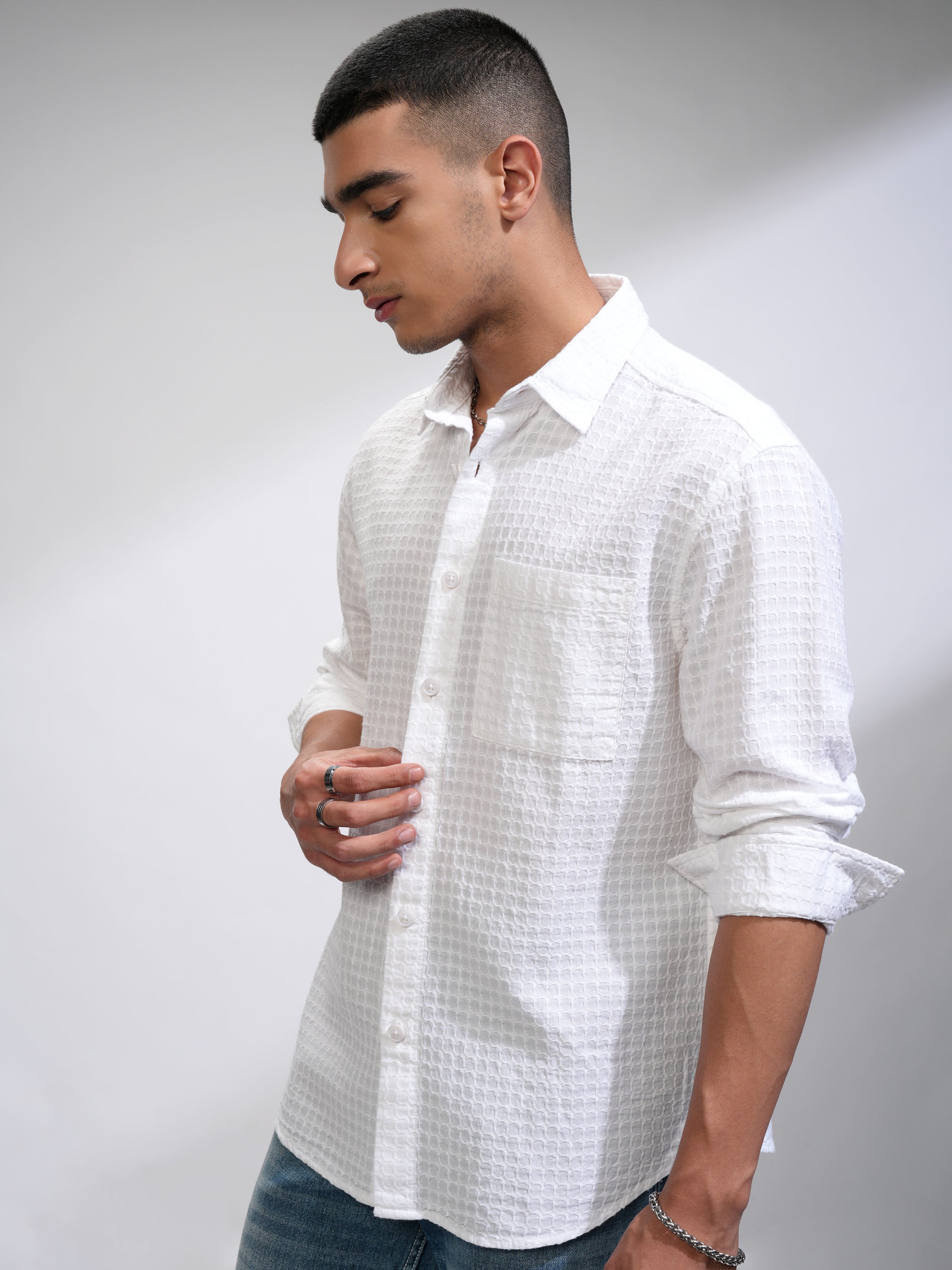 Highlander Men White Self Design Relaxed Fit Casual Shirt - White - Image 4