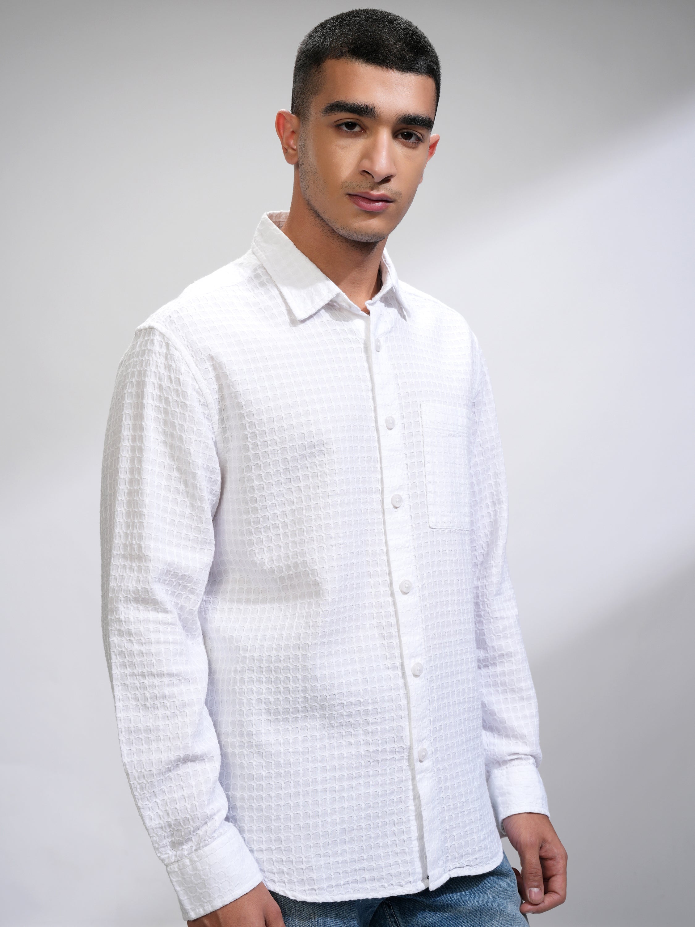 Highlander Men White Self Design Relaxed Fit Casual Shirt - White - Image 6