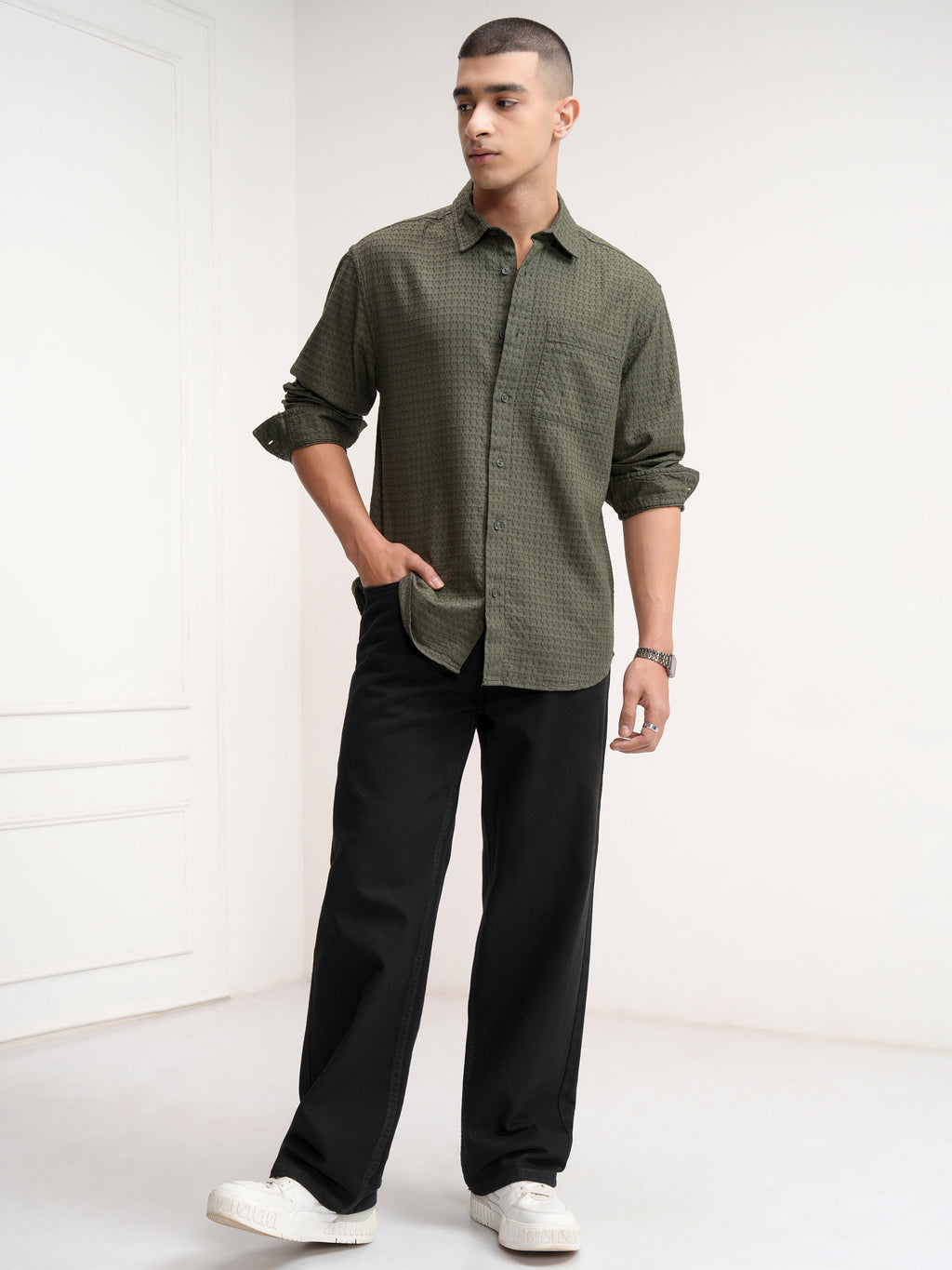 Highlander Men Green Self Design Relaxed Fit Casual Shirt - Green - Image 2