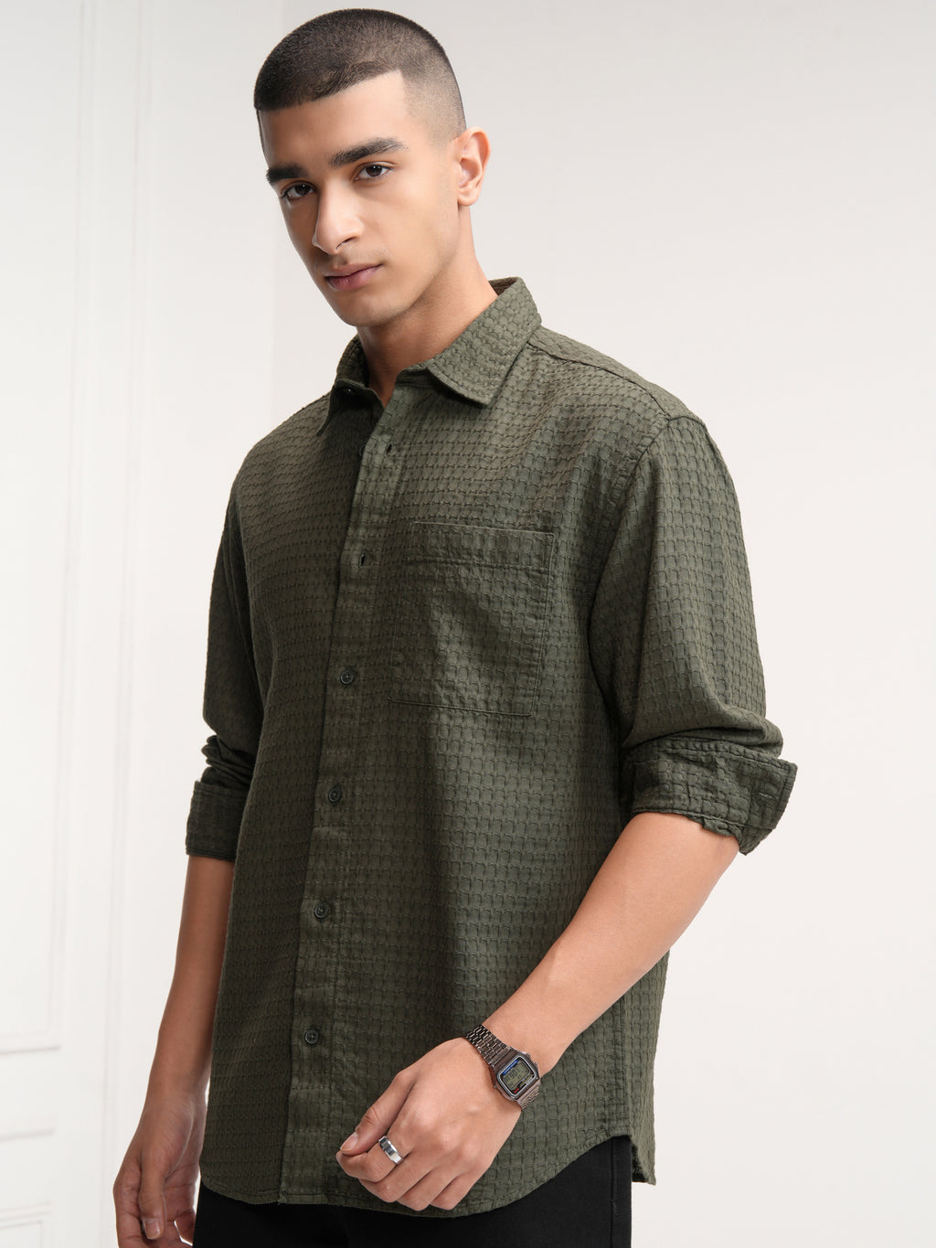 Highlander Men Green Self Design Relaxed Fit Casual Shirt - Green - Image 4
