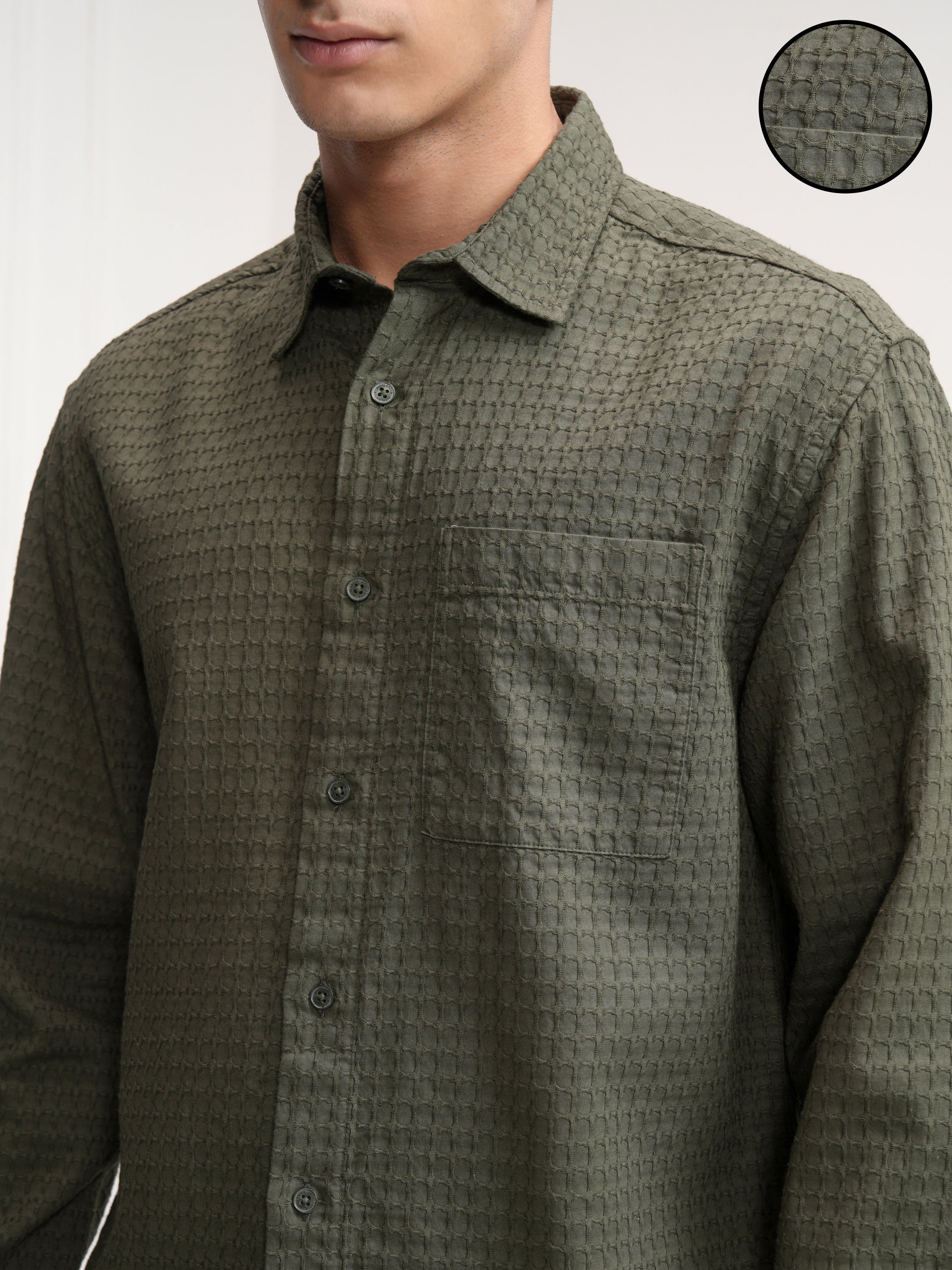 Highlander Men Green Self Design Relaxed Fit Casual Shirt - Green - Image 5
