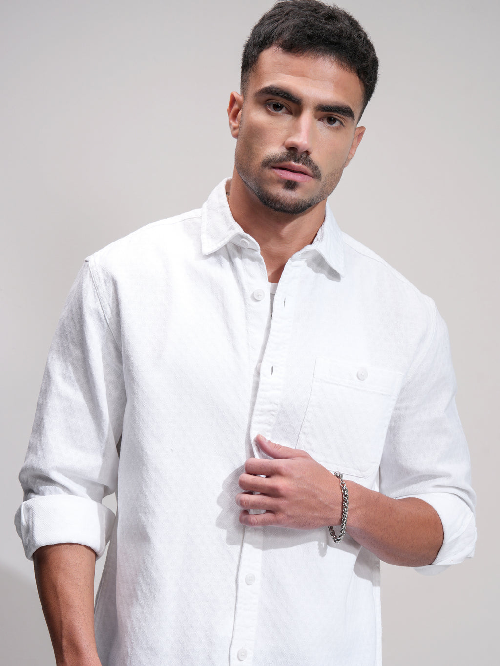 Highlander Men White Textured Relaxed Fit Casual Shirt - White - Image 1