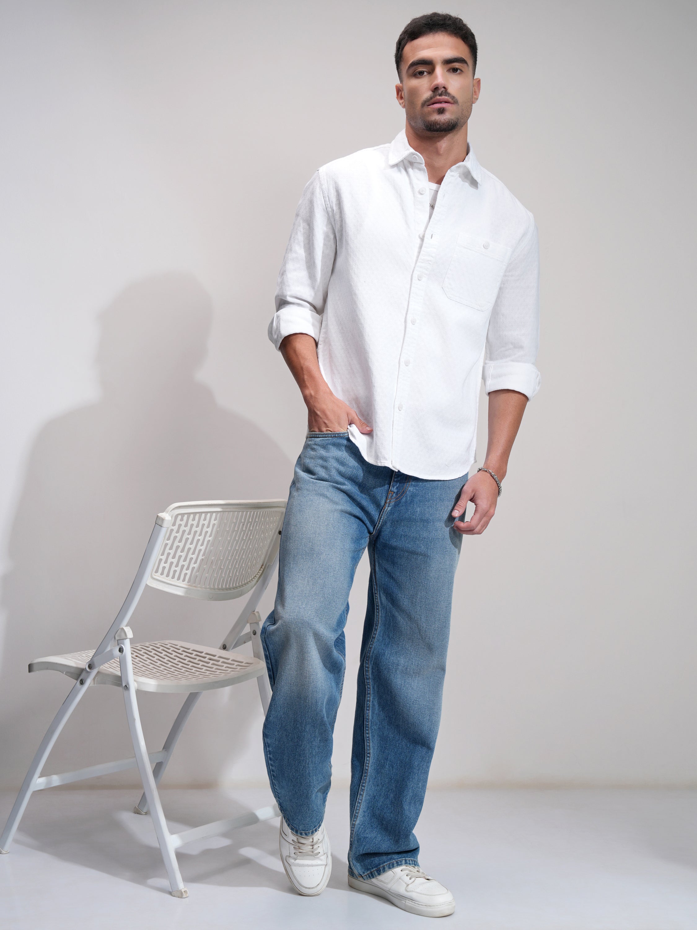 Highlander Men White Textured Relaxed Fit Casual Shirt - White - Image 2