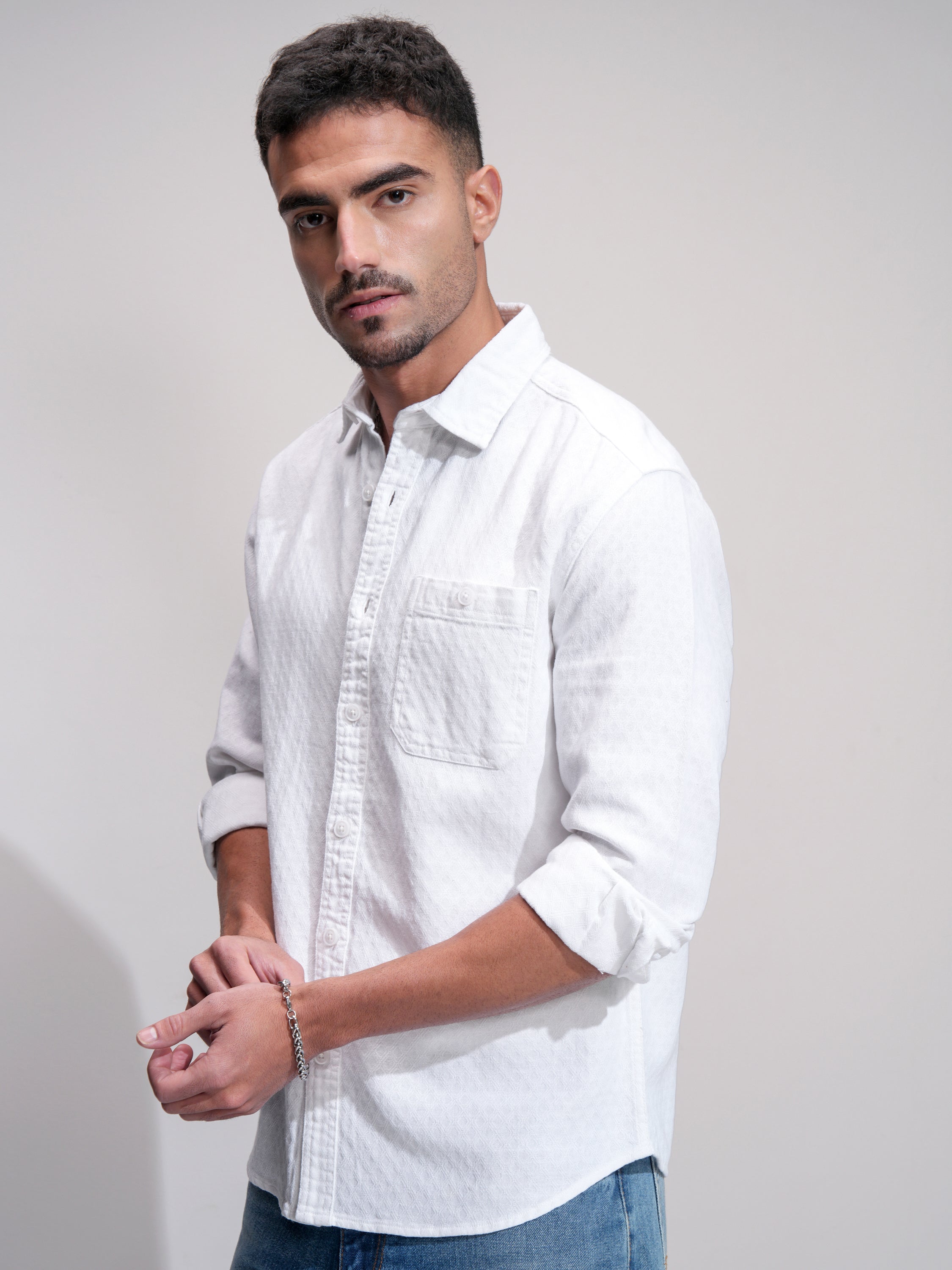 Highlander Men White Textured Relaxed Fit Casual Shirt - White - Image 4