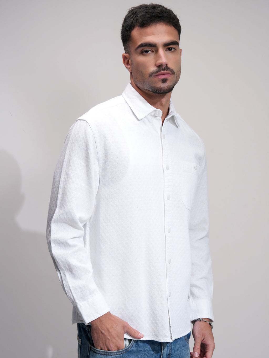 Highlander Men White Textured Relaxed Fit Casual Shirt - White - Image 6