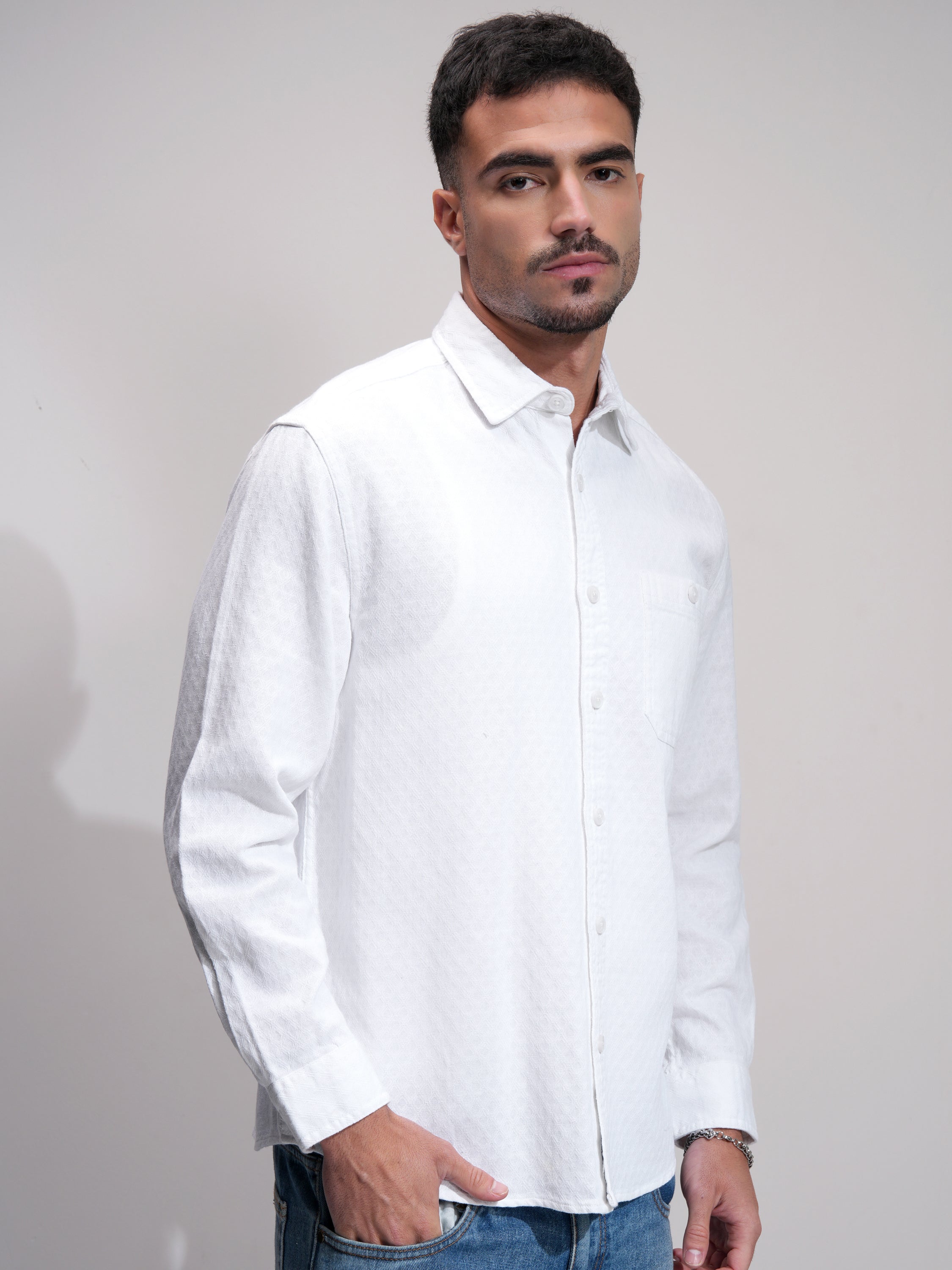 Highlander Men White Textured Relaxed Fit Casual Shirt - White - Image 6