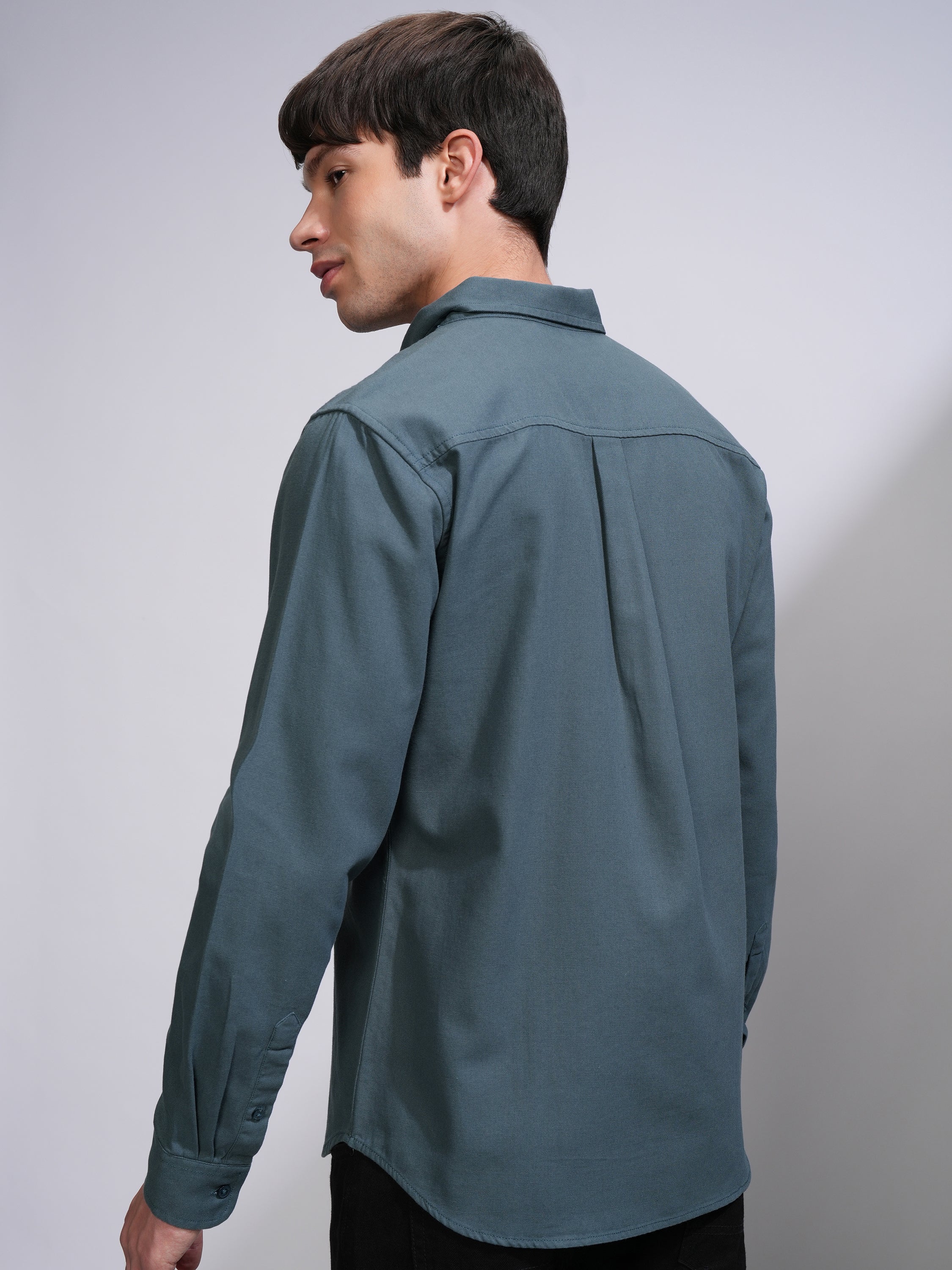 Highlander Men Teal Solid Slim Fit Casual Shirt - Teal - Image 3