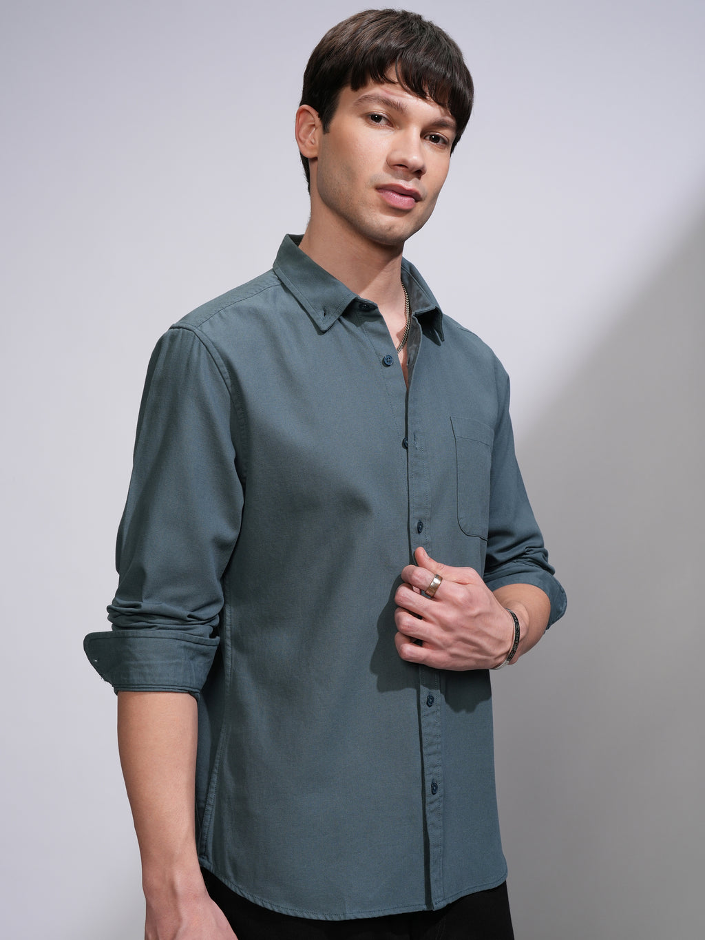Highlander Men Teal Solid Slim Fit Casual Shirt - Teal - Image 6