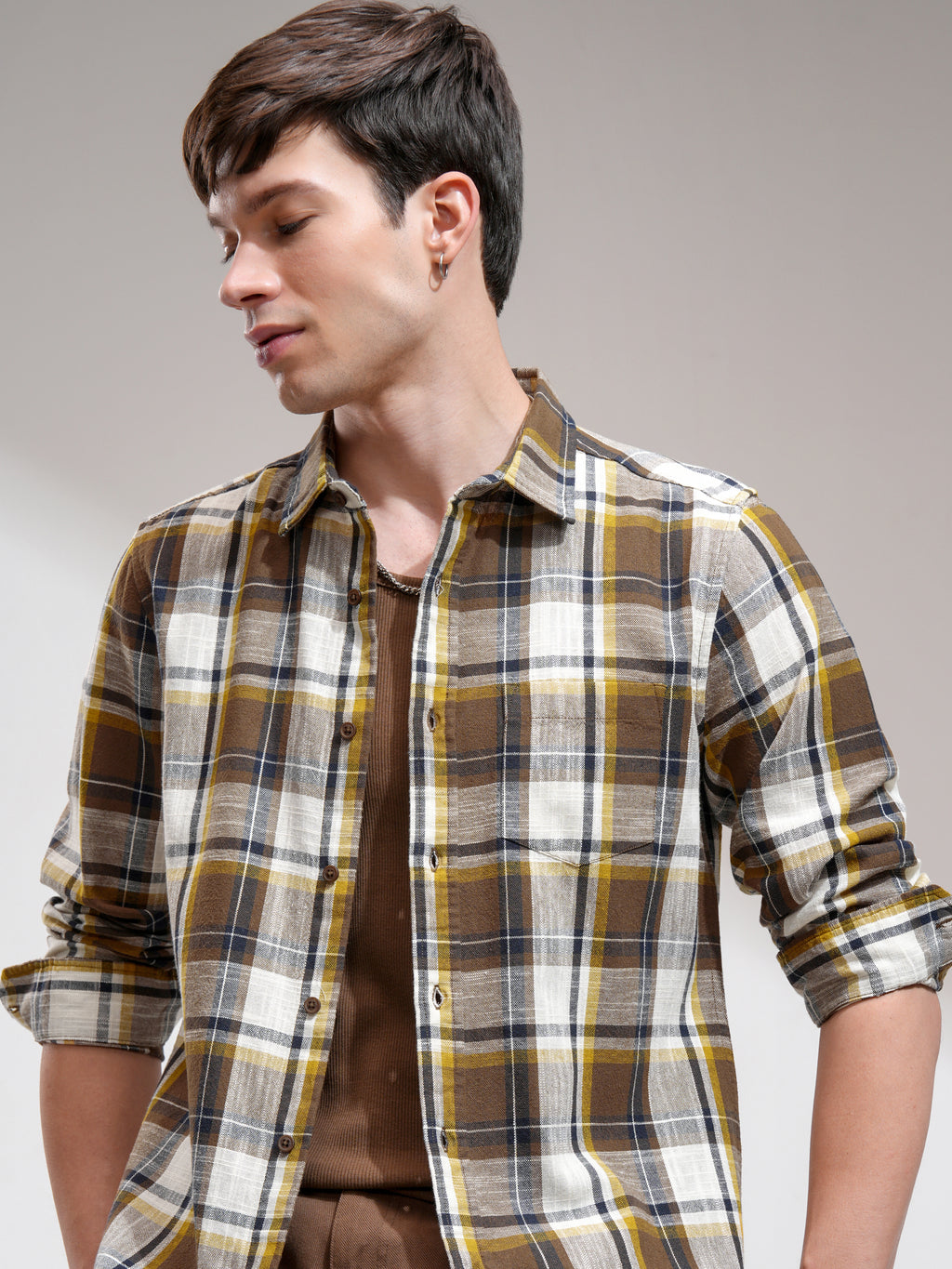 Highlander Men Cream Checked Slim Fit Casual Shirt - Cream - Image 1