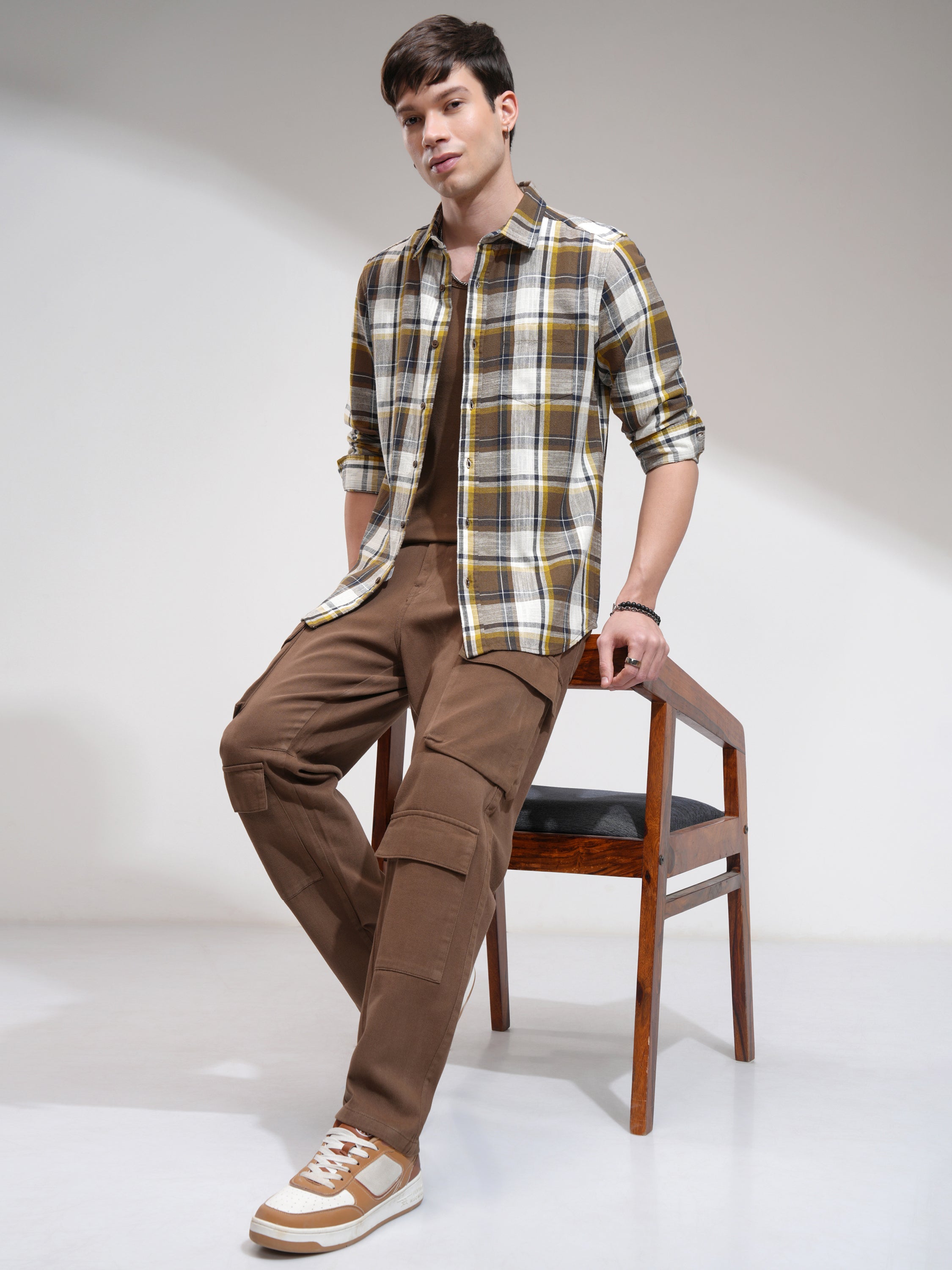 Highlander Men Cream Checked Slim Fit Casual Shirt - Cream - Image 2
