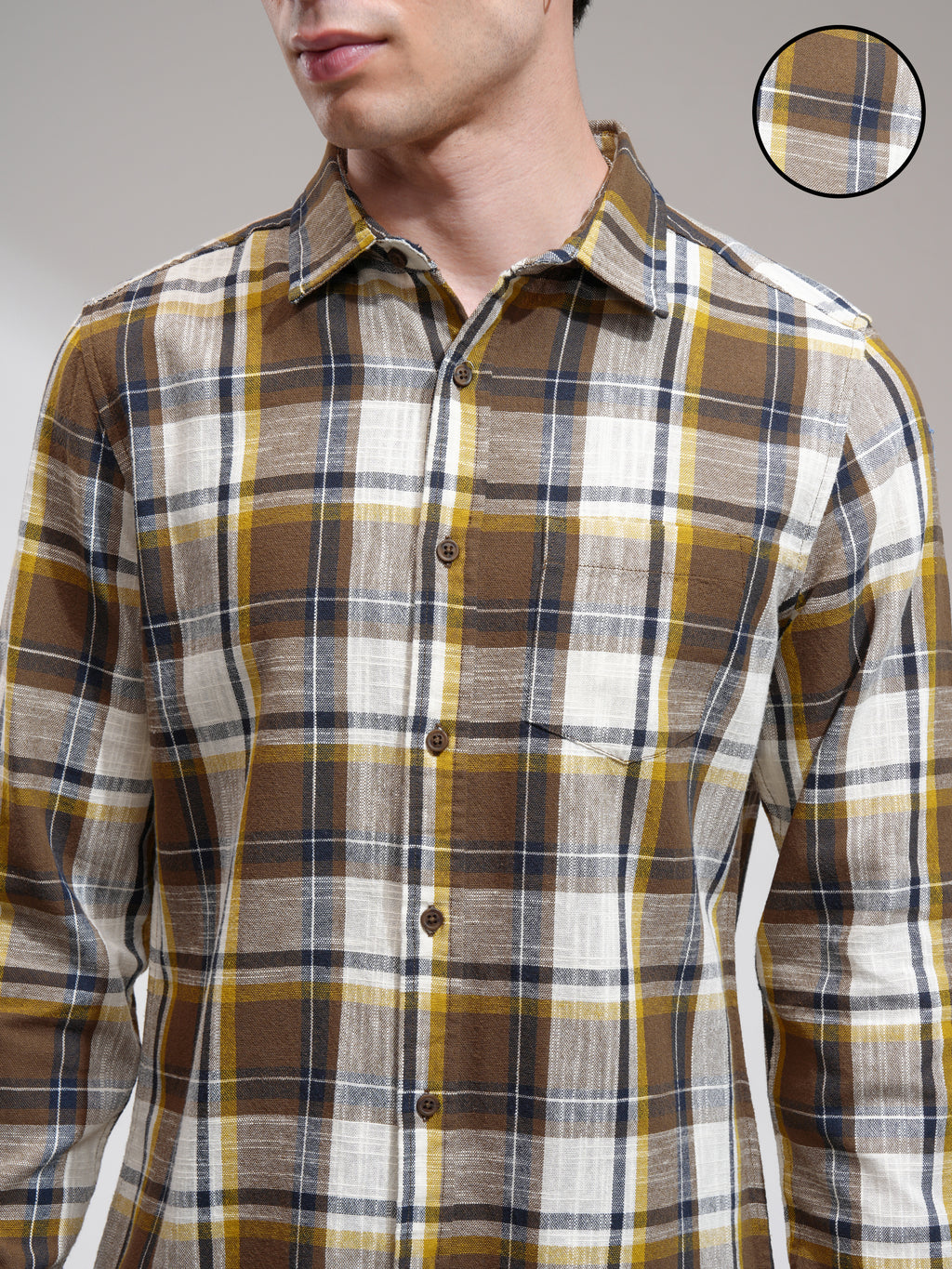Highlander Men Cream Checked Slim Fit Casual Shirt - Cream - Image 5