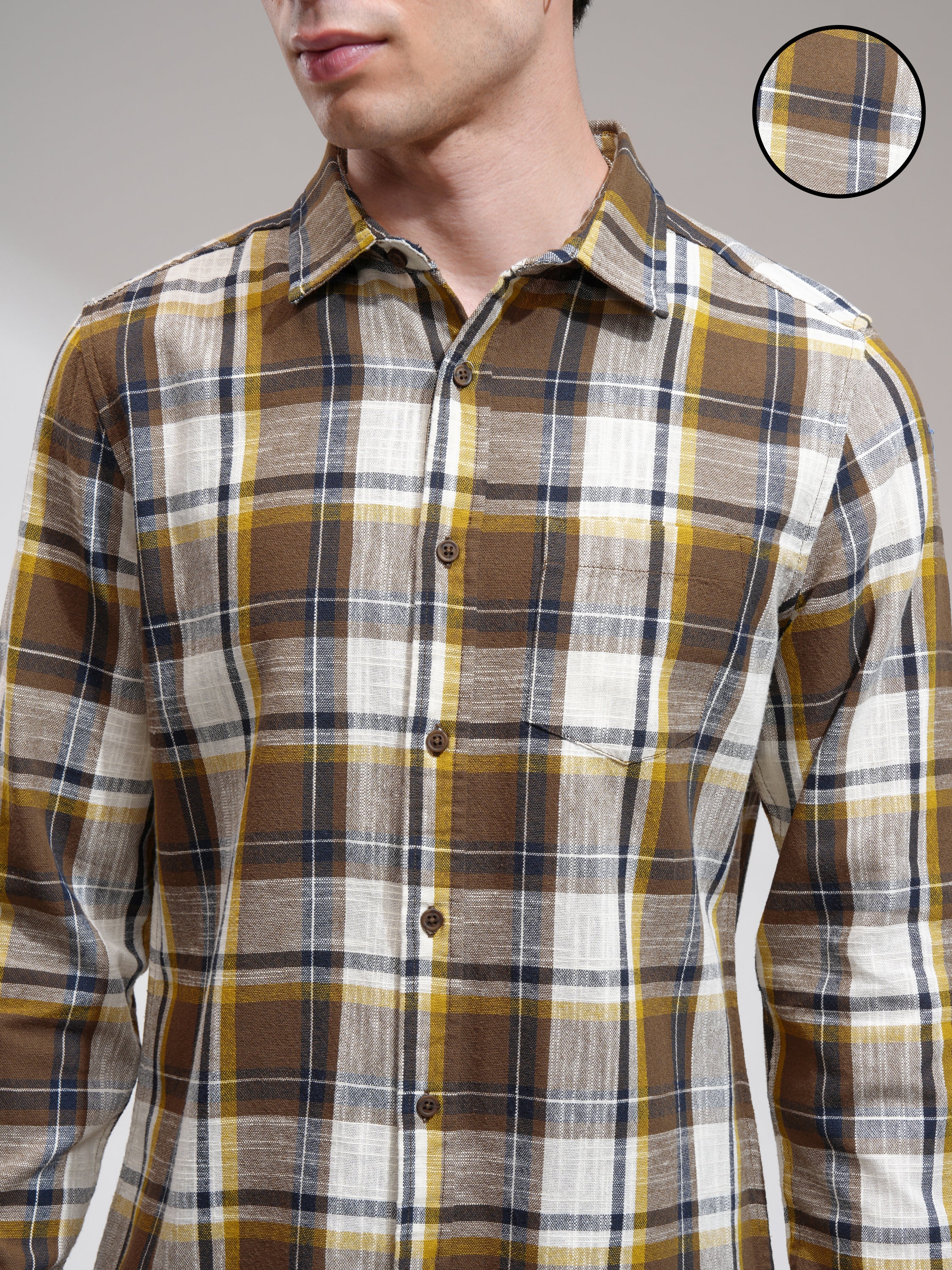 Highlander Men Cream Checked Slim Fit Casual Shirt - Cream - Image 5