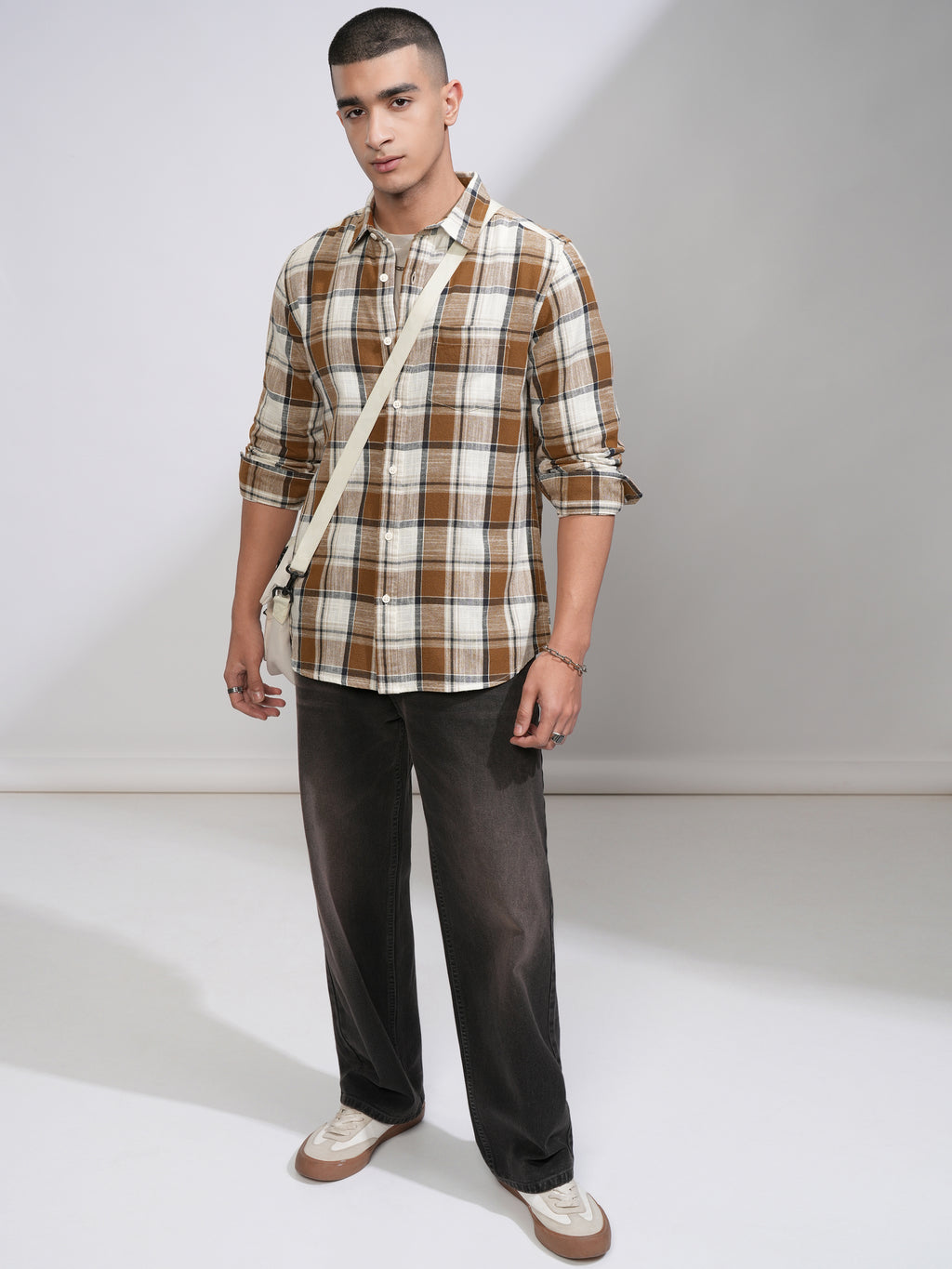 Highlander Men Cream Checked Slim Fit Casual Shirt - Cream - Image 2