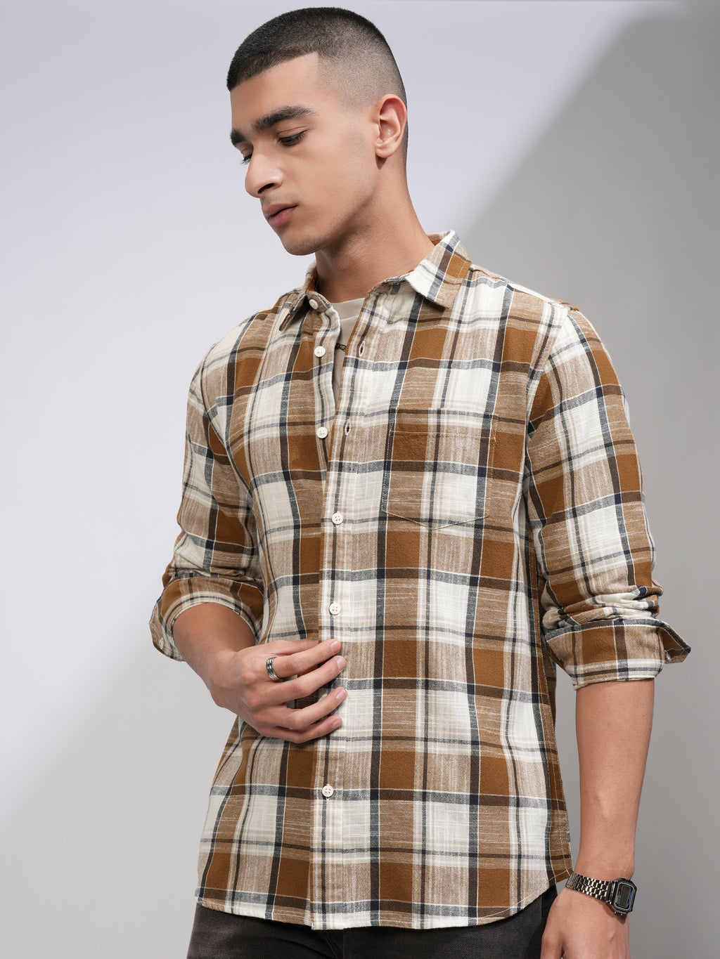 Highlander Men Cream Checked Slim Fit Casual Shirt - Cream - Image 4