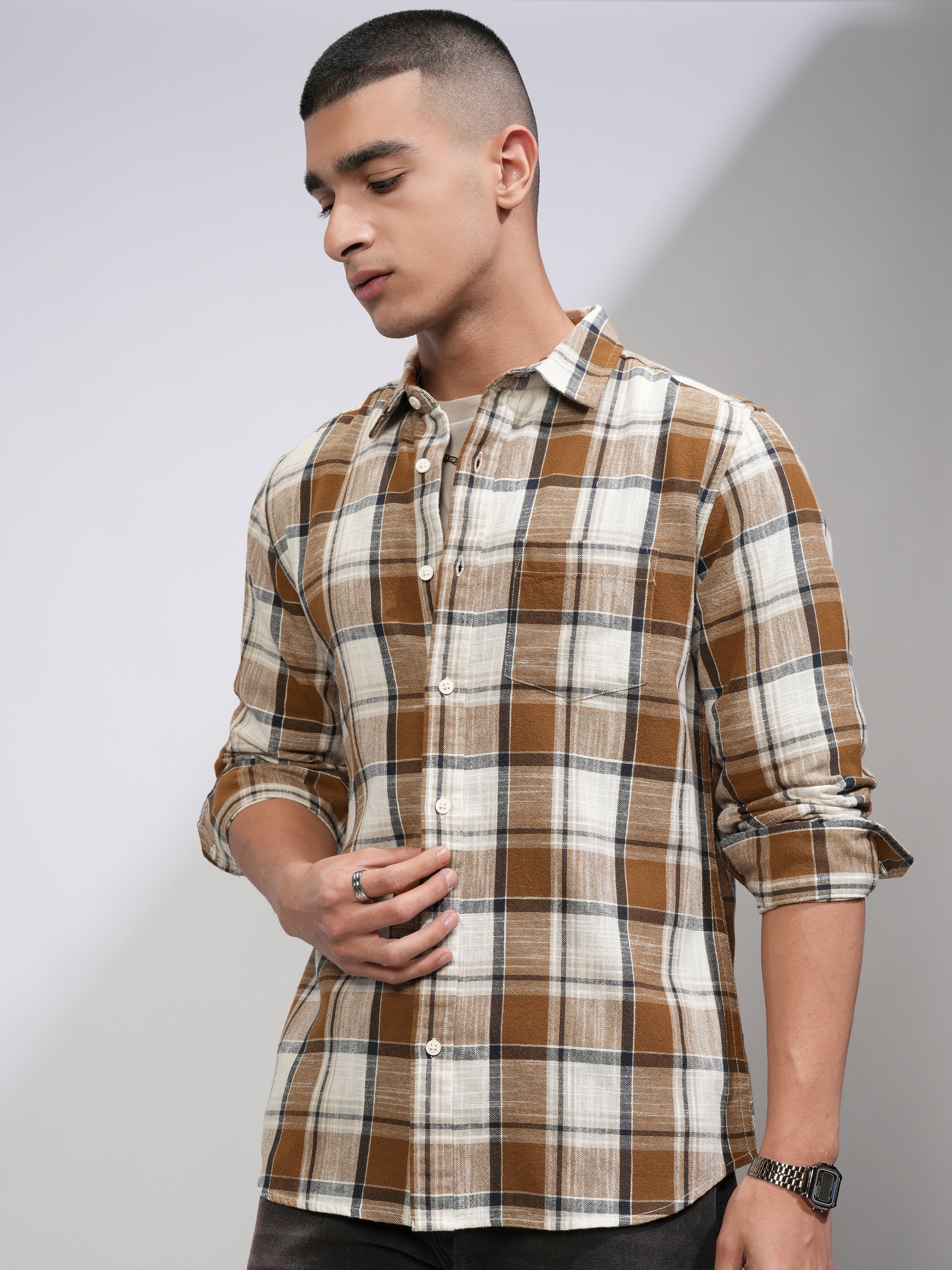 Highlander Men Cream Checked Slim Fit Casual Shirt - Cream - Image 4