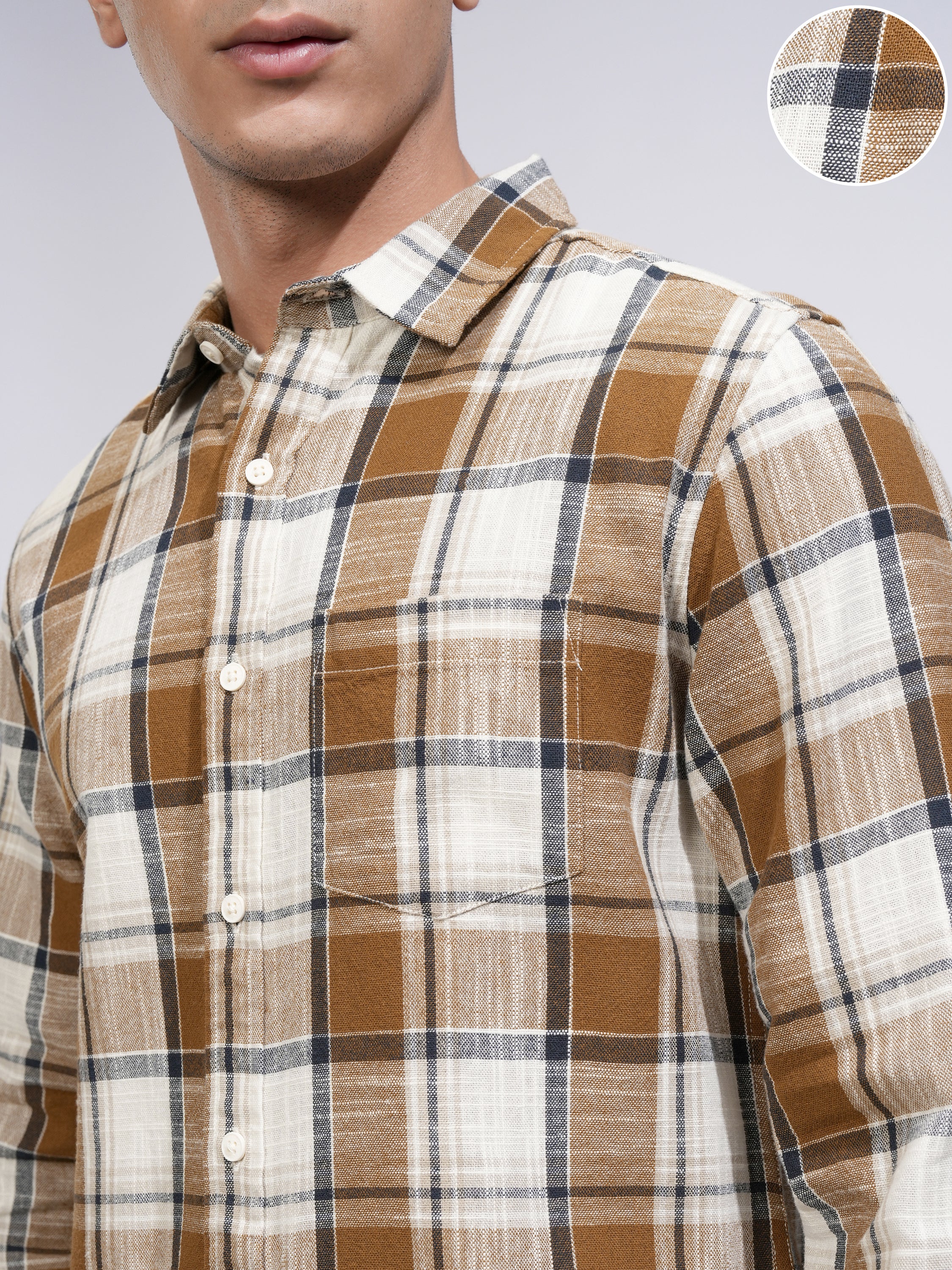 Highlander Men Cream Checked Slim Fit Casual Shirt - Cream - Image 5