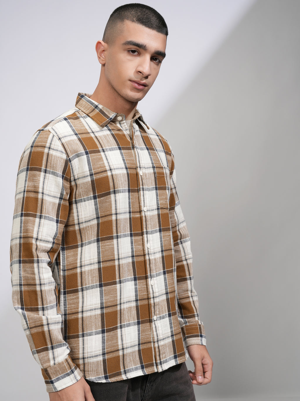 Highlander Men Cream Checked Slim Fit Casual Shirt - Cream - Image 6