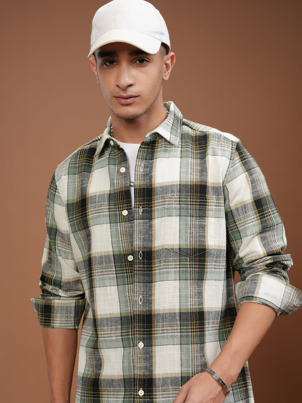 Highlander Men Cream Checked Slim Fit Casual Shirt - Cream - Image 1