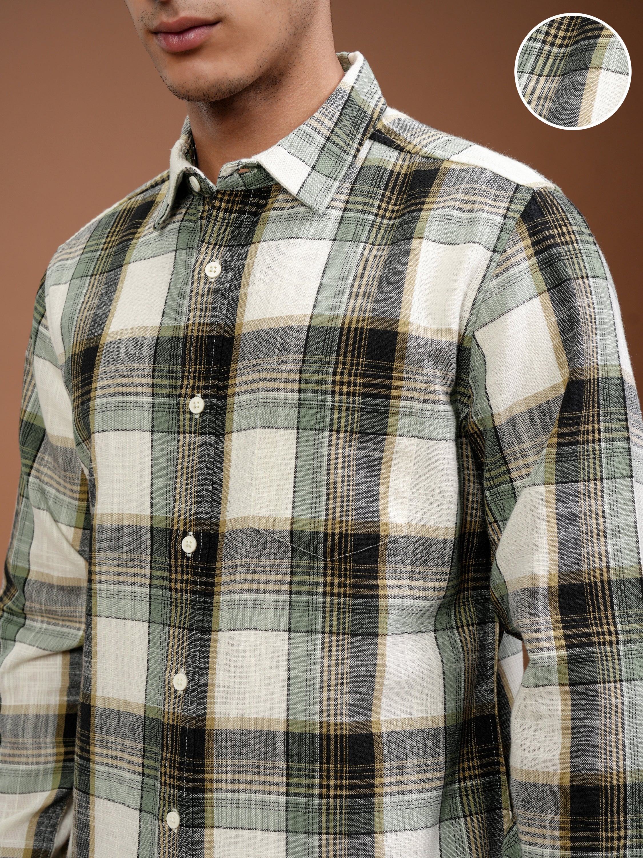 Highlander Men Cream Checked Slim Fit Casual Shirt - Cream - Image 5