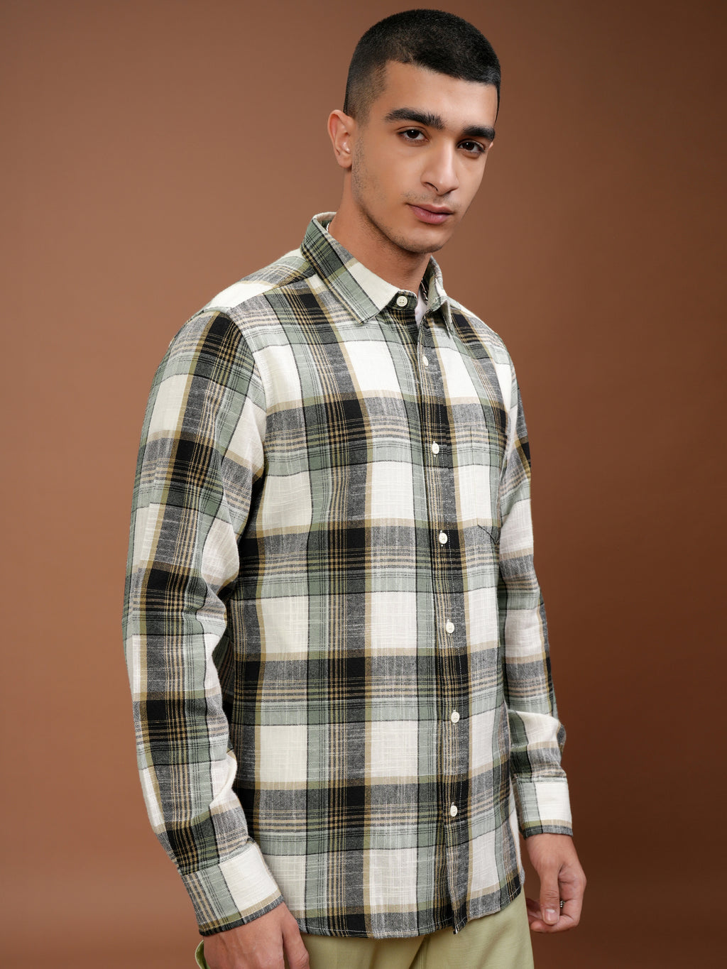 Highlander Men Cream Checked Slim Fit Casual Shirt - Cream - Image 6