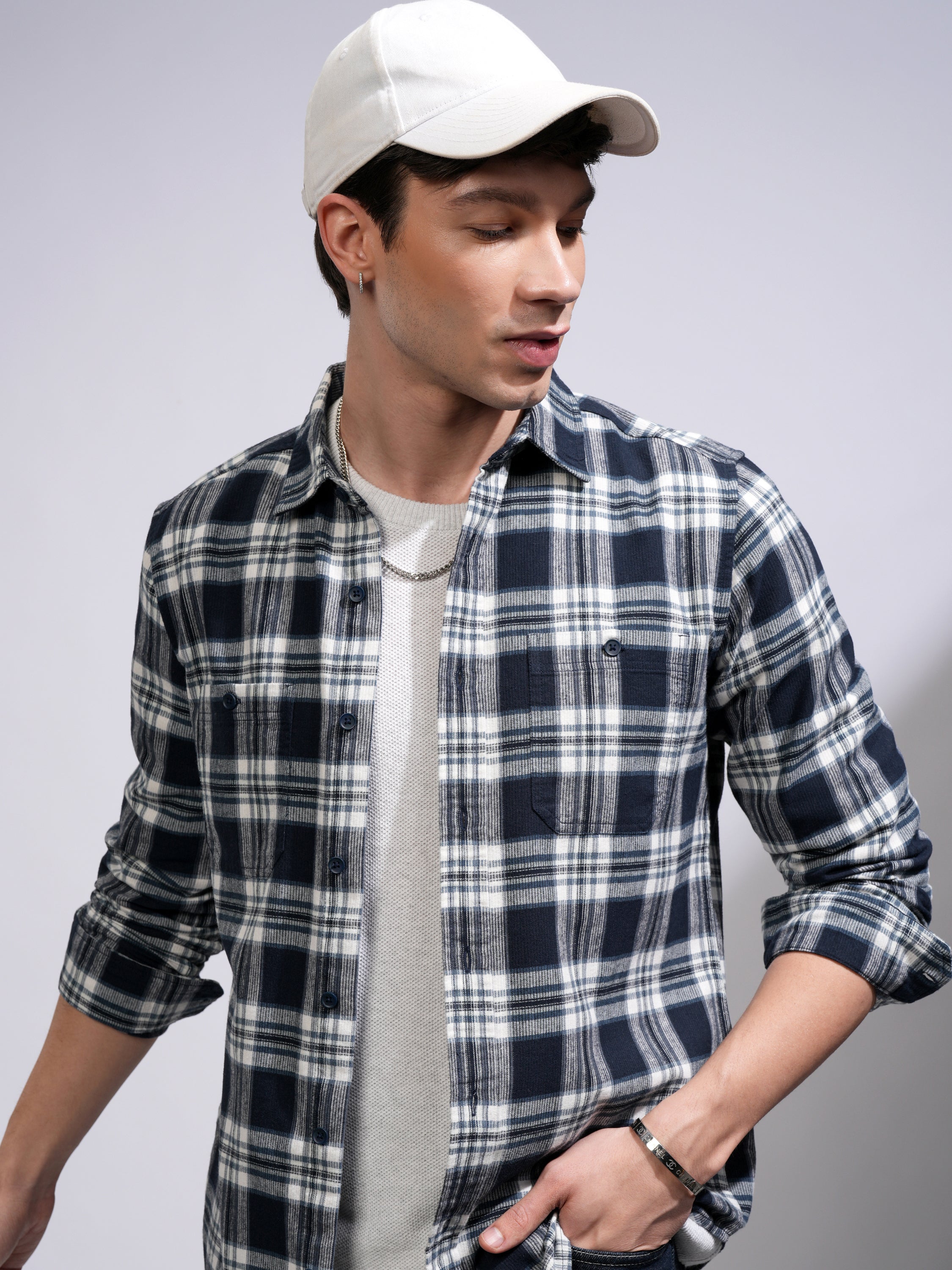 Highlander Men Blue Checked Slim Fit Casual Shirt - Blue - Image 1