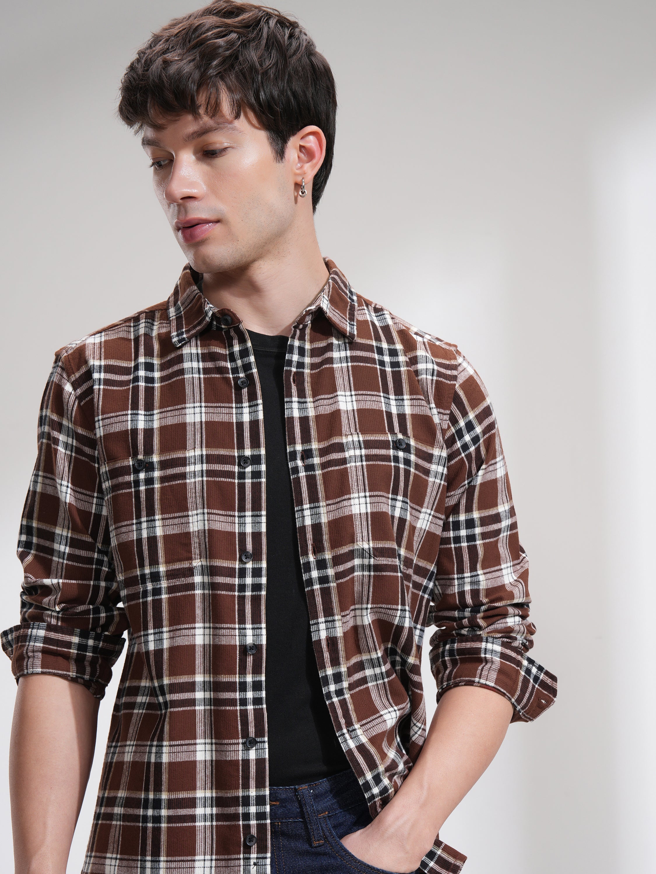 Highlander Men Rust Checked Slim Fit Casual Shirt - Rust - Image 1