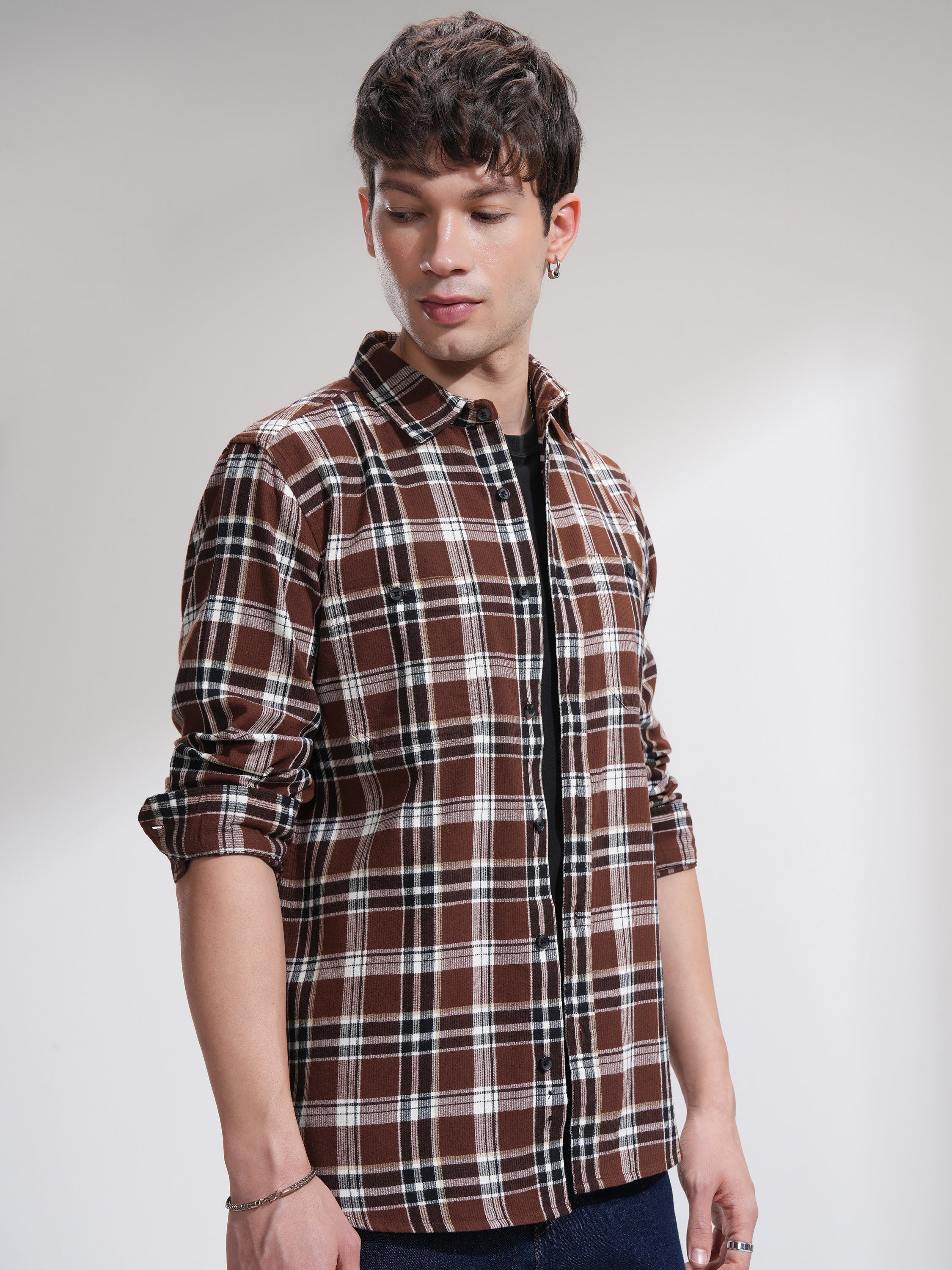 Highlander Men Rust Checked Slim Fit Casual Shirt - Rust - Image 6