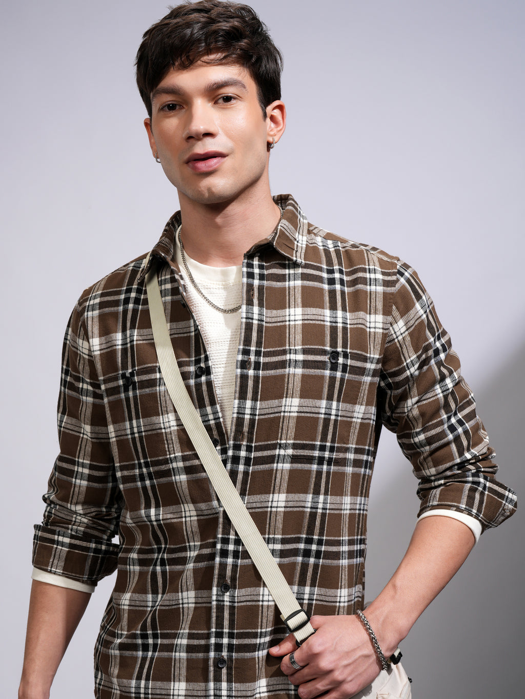 Highlander Men Brown Checked Slim Fit Casual Shirt - Brown - Image 1