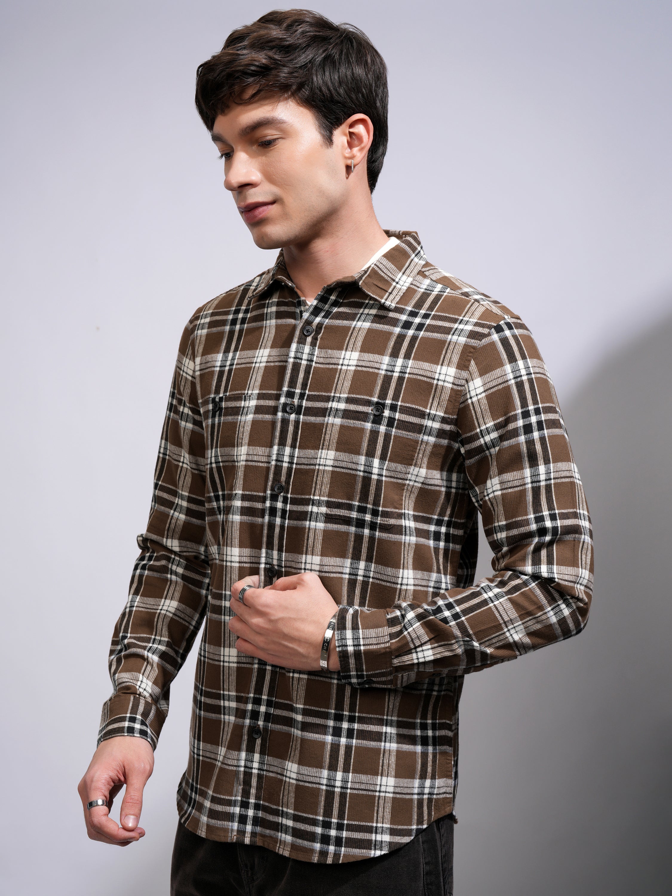 Highlander Men Brown Checked Slim Fit Casual Shirt - Brown - Image 4