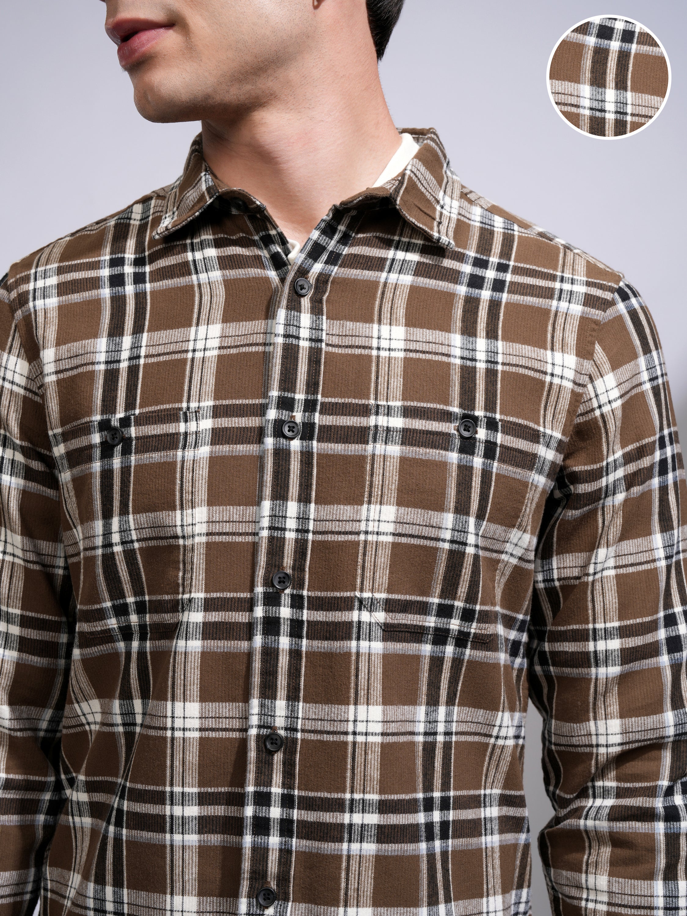 Highlander Men Brown Checked Slim Fit Casual Shirt - Brown - Image 5