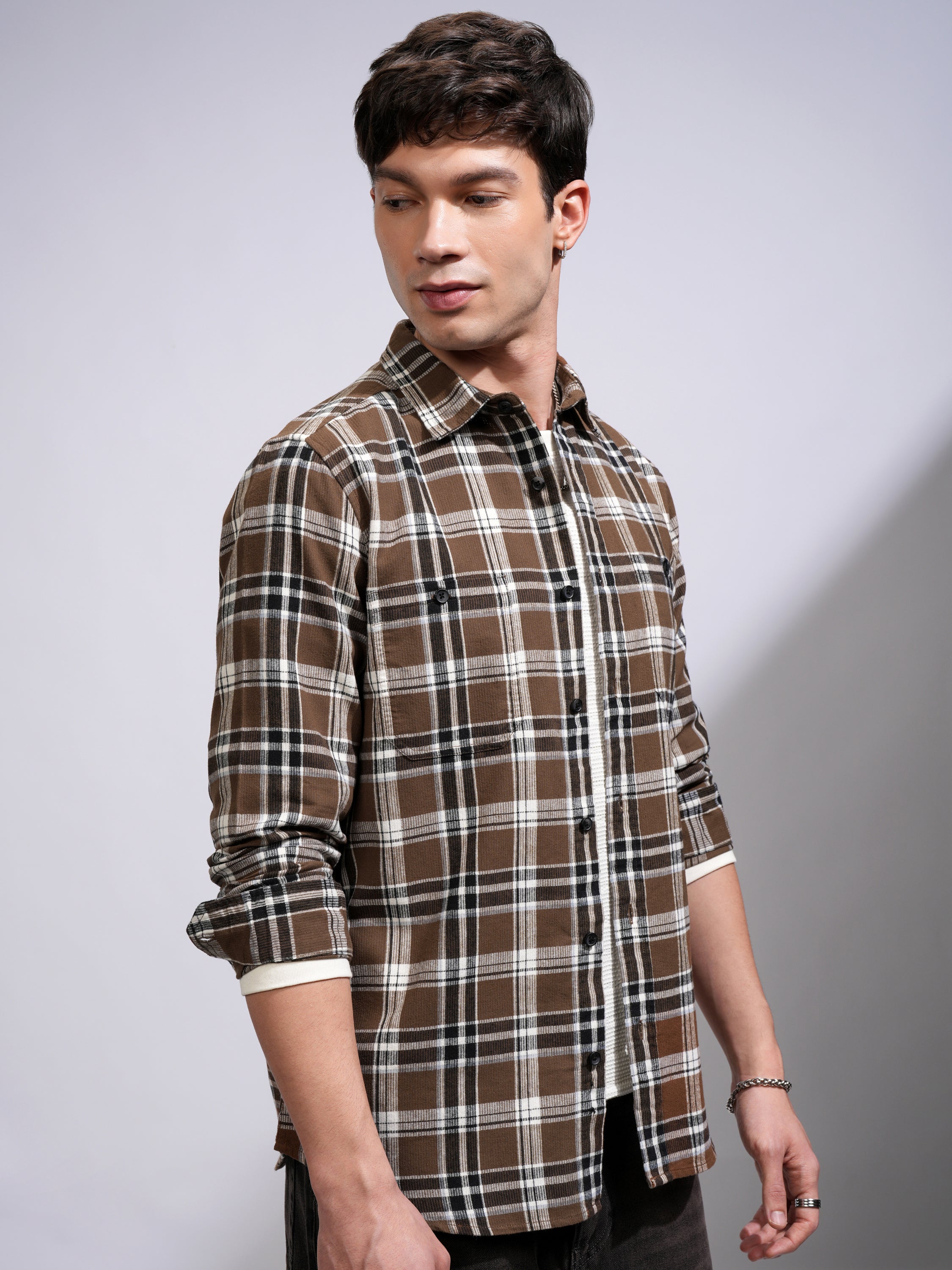 Highlander Men Brown Checked Slim Fit Casual Shirt - Brown - Image 6