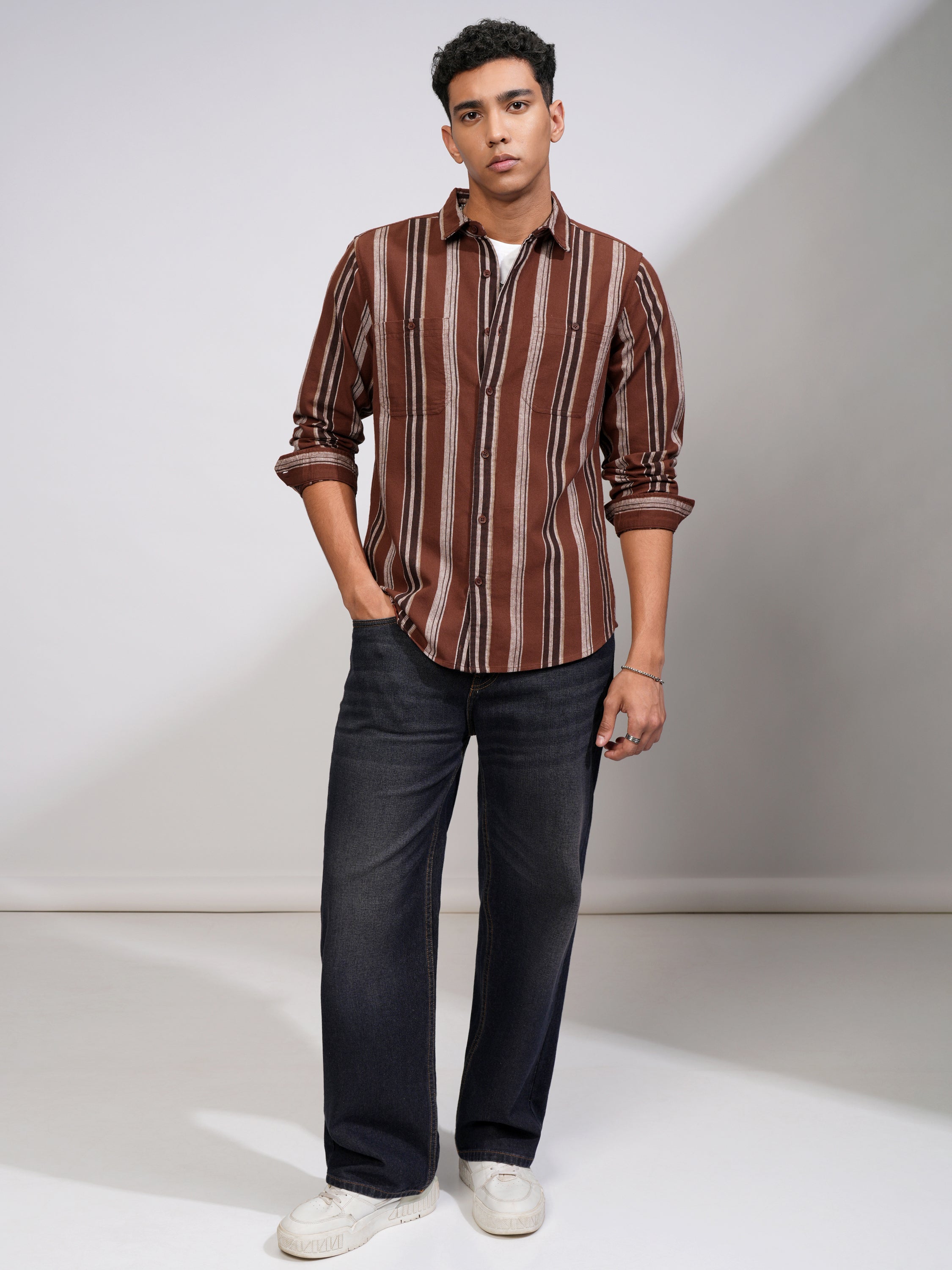 Highlander Men Rust Striped Slim Fit Casual Shirt - Rust - Image 2