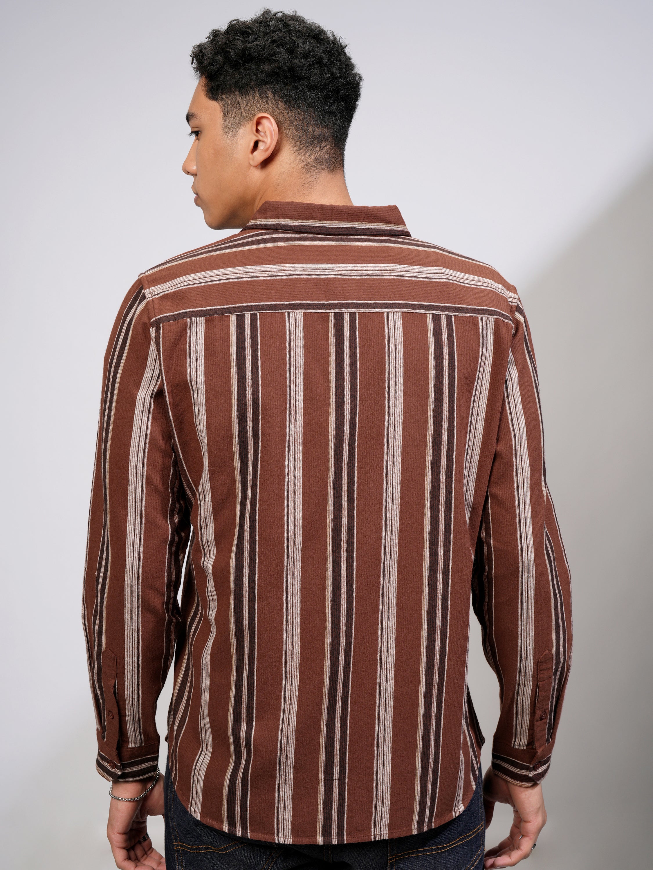 Highlander Men Rust Striped Slim Fit Casual Shirt - Rust - Image 3